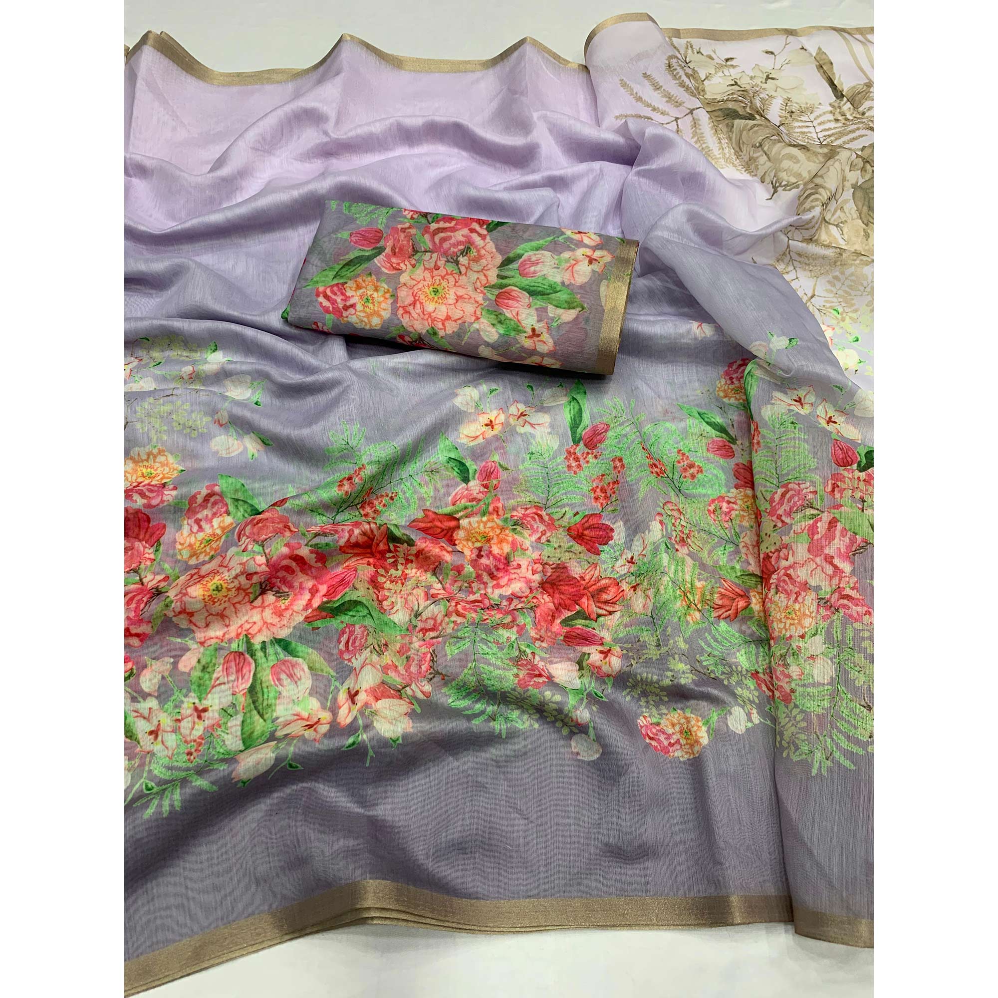 Lavender & Grey Floral Printed Cotton Silk Saree