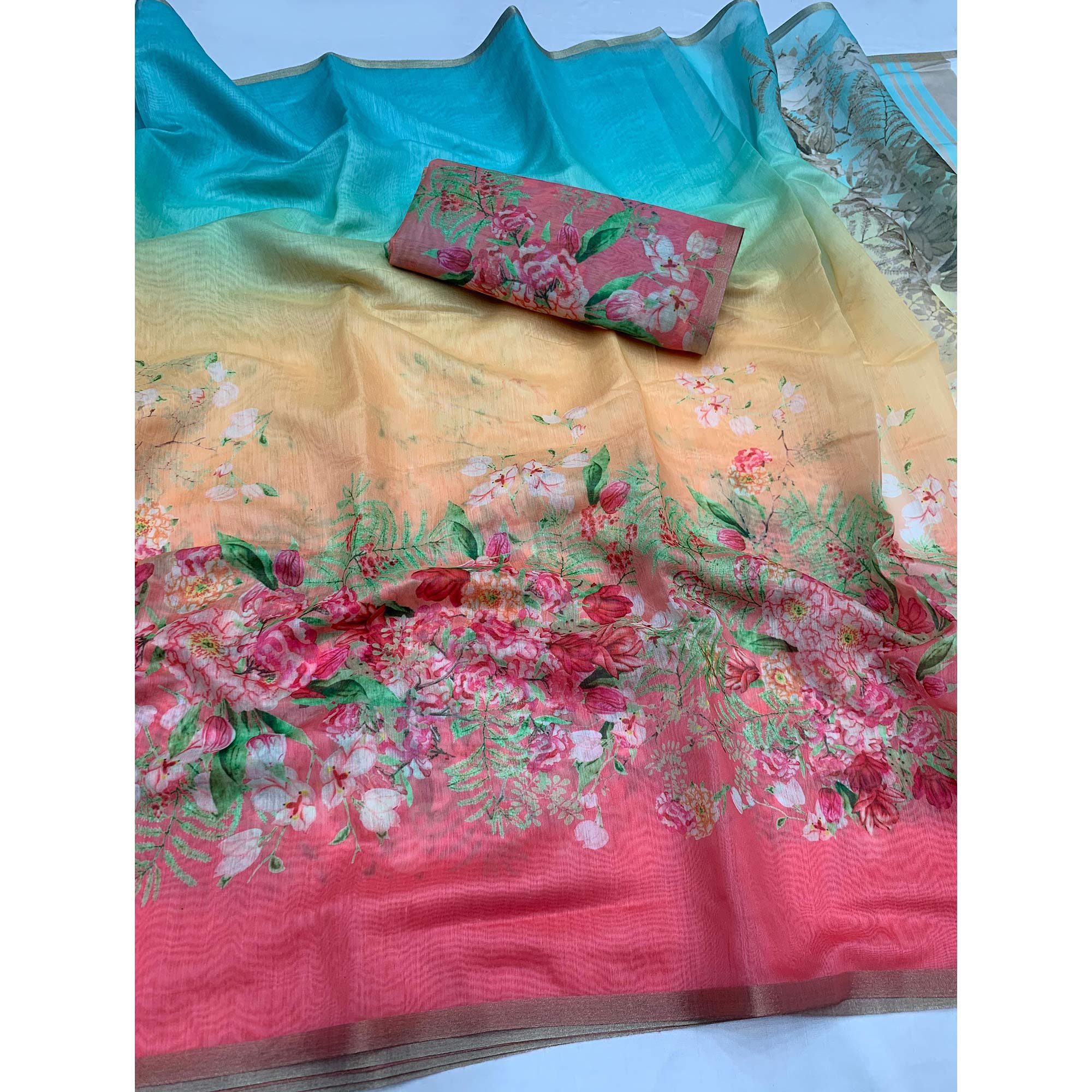 Multicolor Floral Printed Cotton Silk Saree