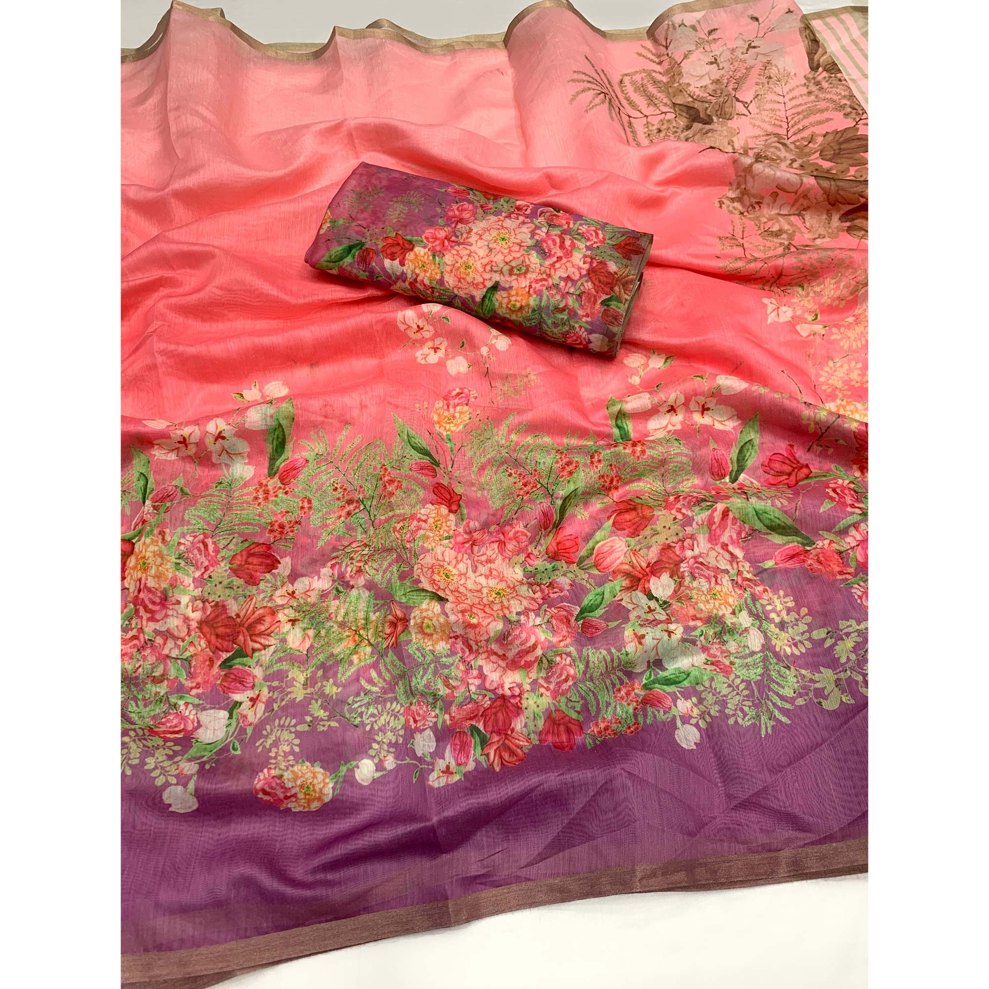 Peach & Purple Floral Printed Cotton Silk Saree