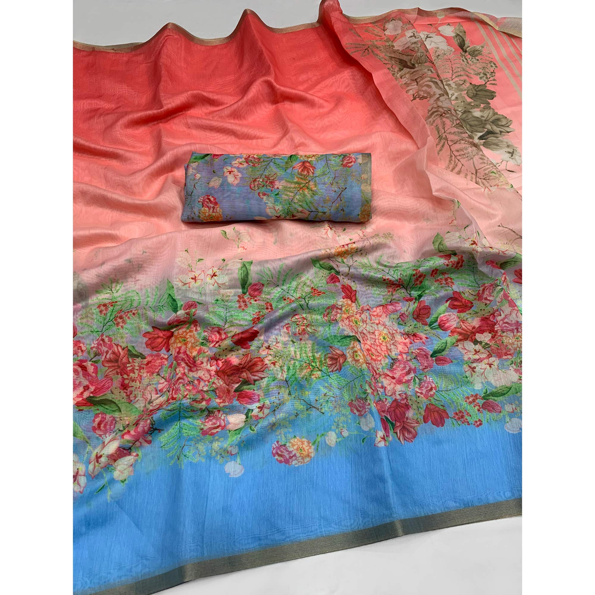 Red & Blue Floral Printed Cotton Silk Saree