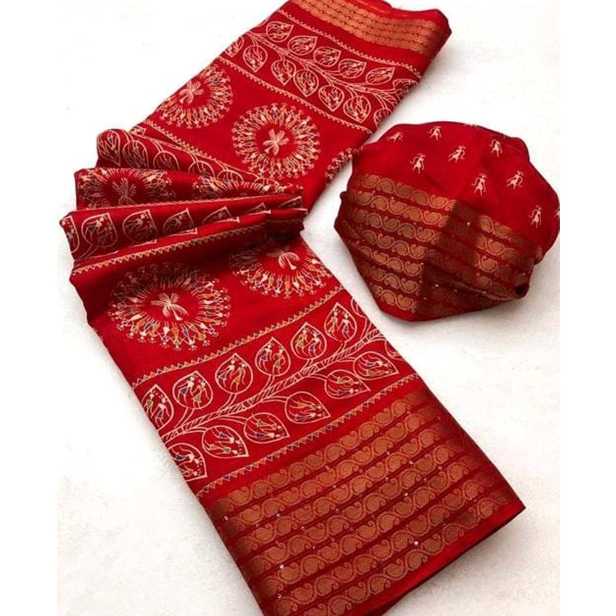 Red Warli Printed Dola Silk Saree