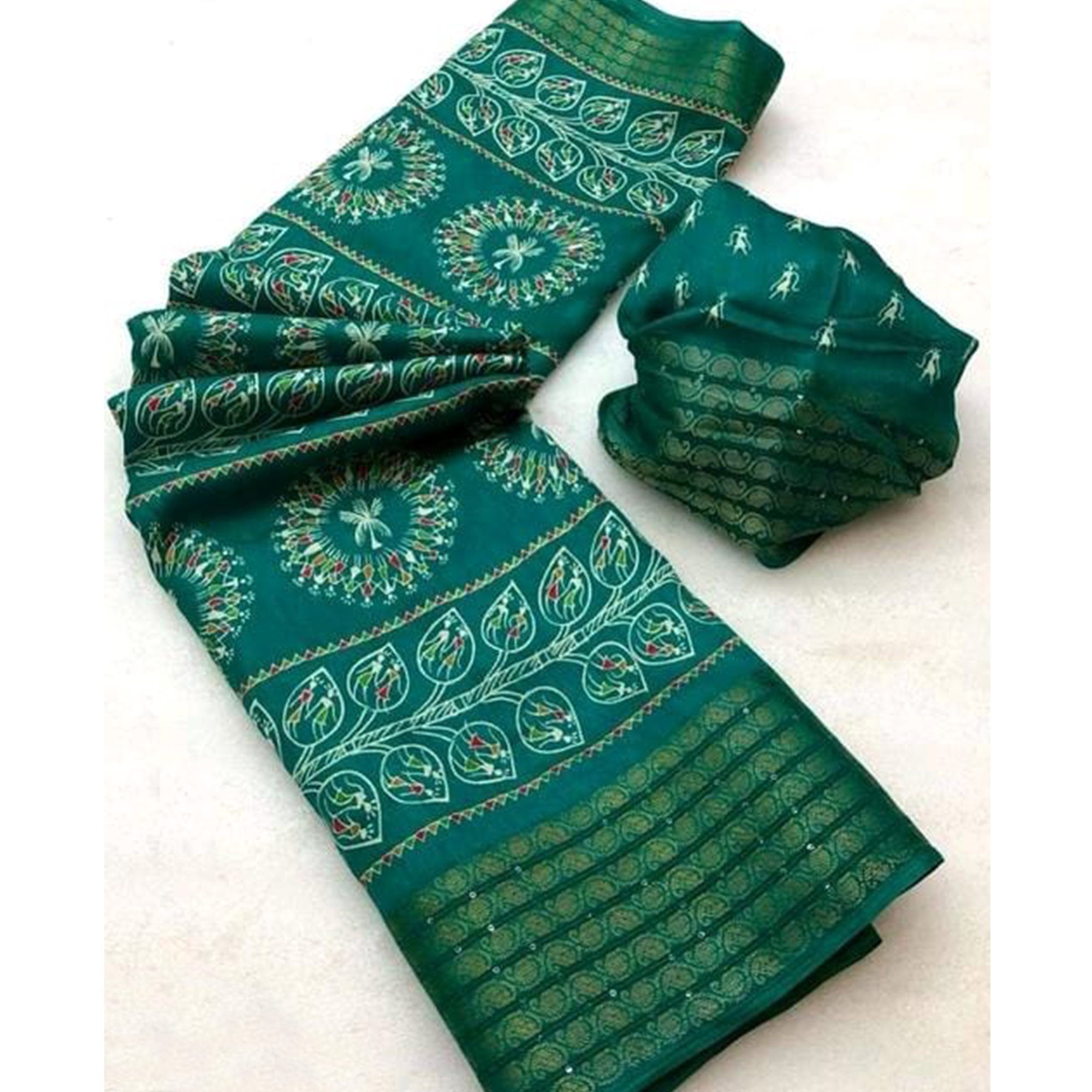 Turquoise Warli Printed Dola Silk Saree