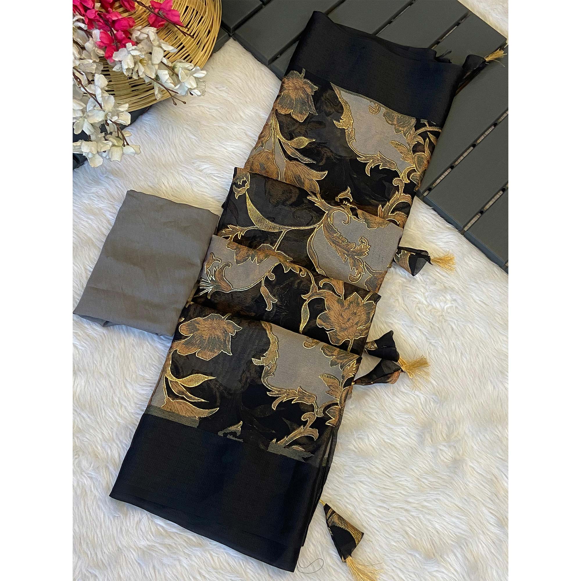 Black & Grey Foil Printed Brasso Saree for Party Wear