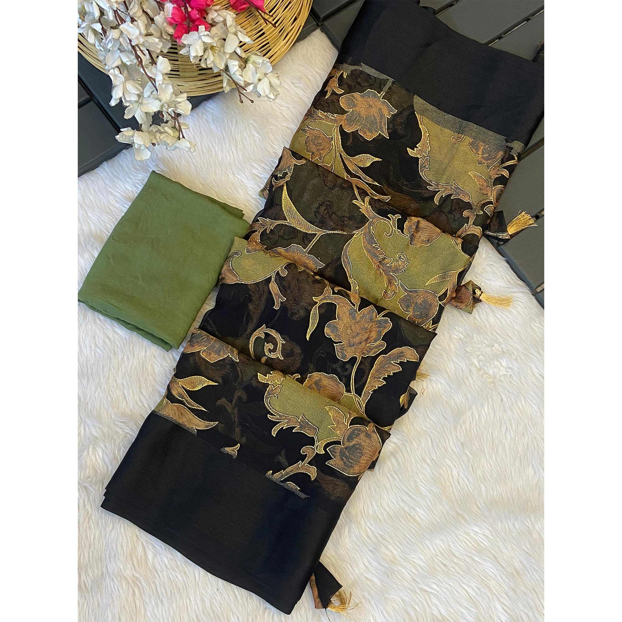 Black & Light Green Foil Printed Brasso Saree for Party Wear