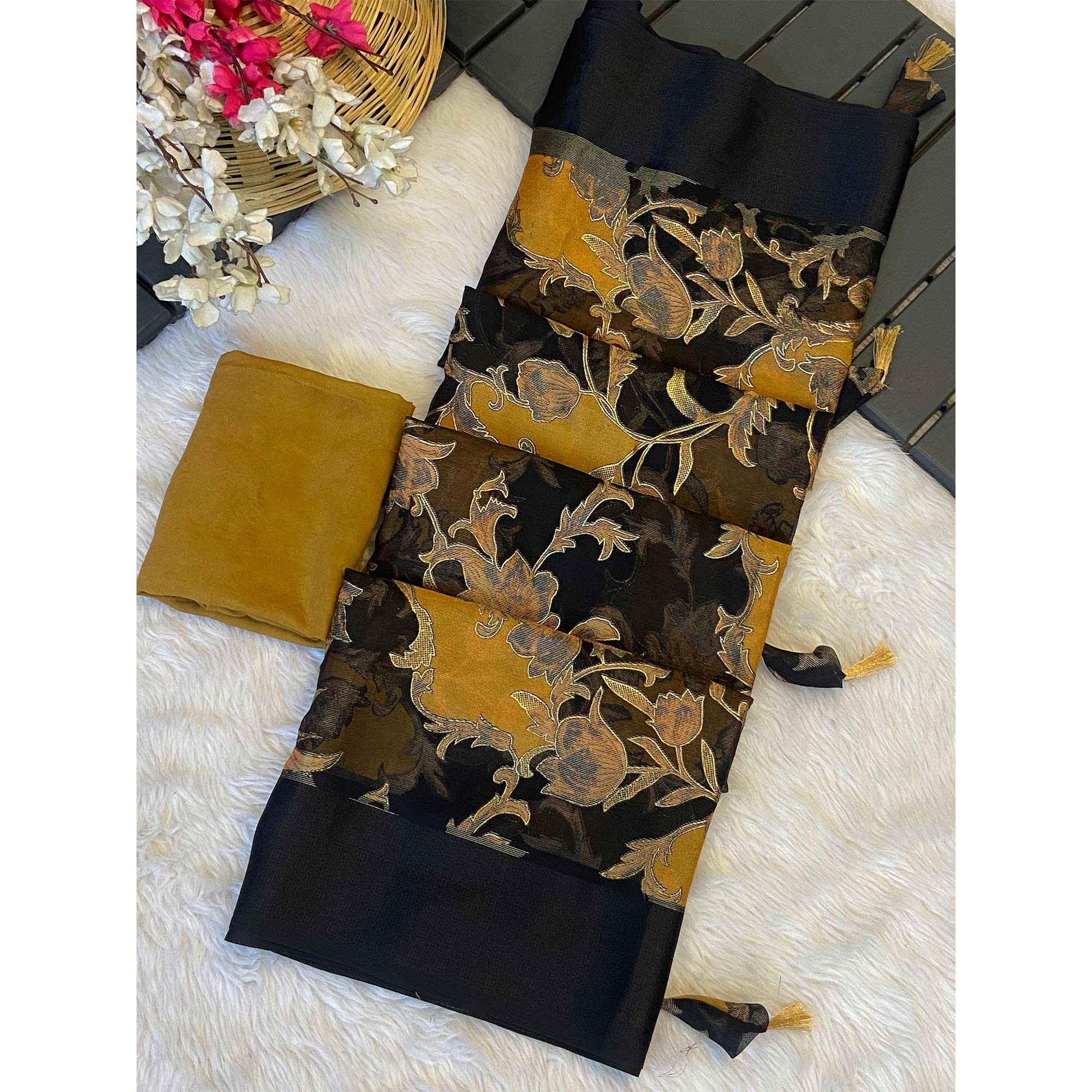 Black & Mustard Foil Printed Brasso Saree for Party Wear