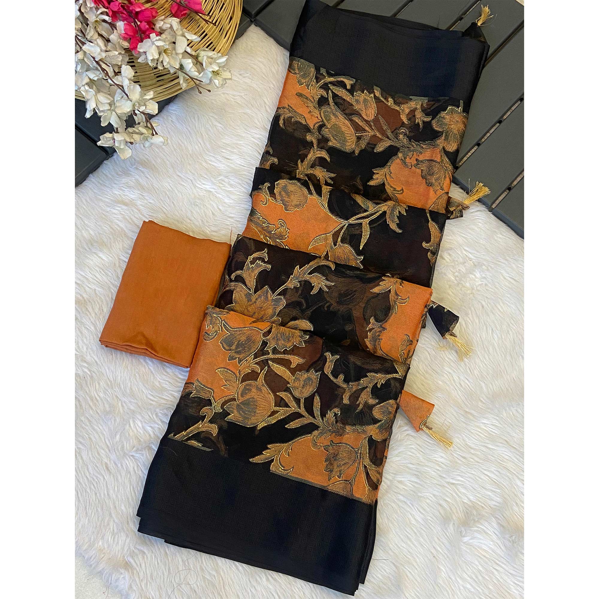 Black & Orange Foil Printed Brasso Saree for Party Wear