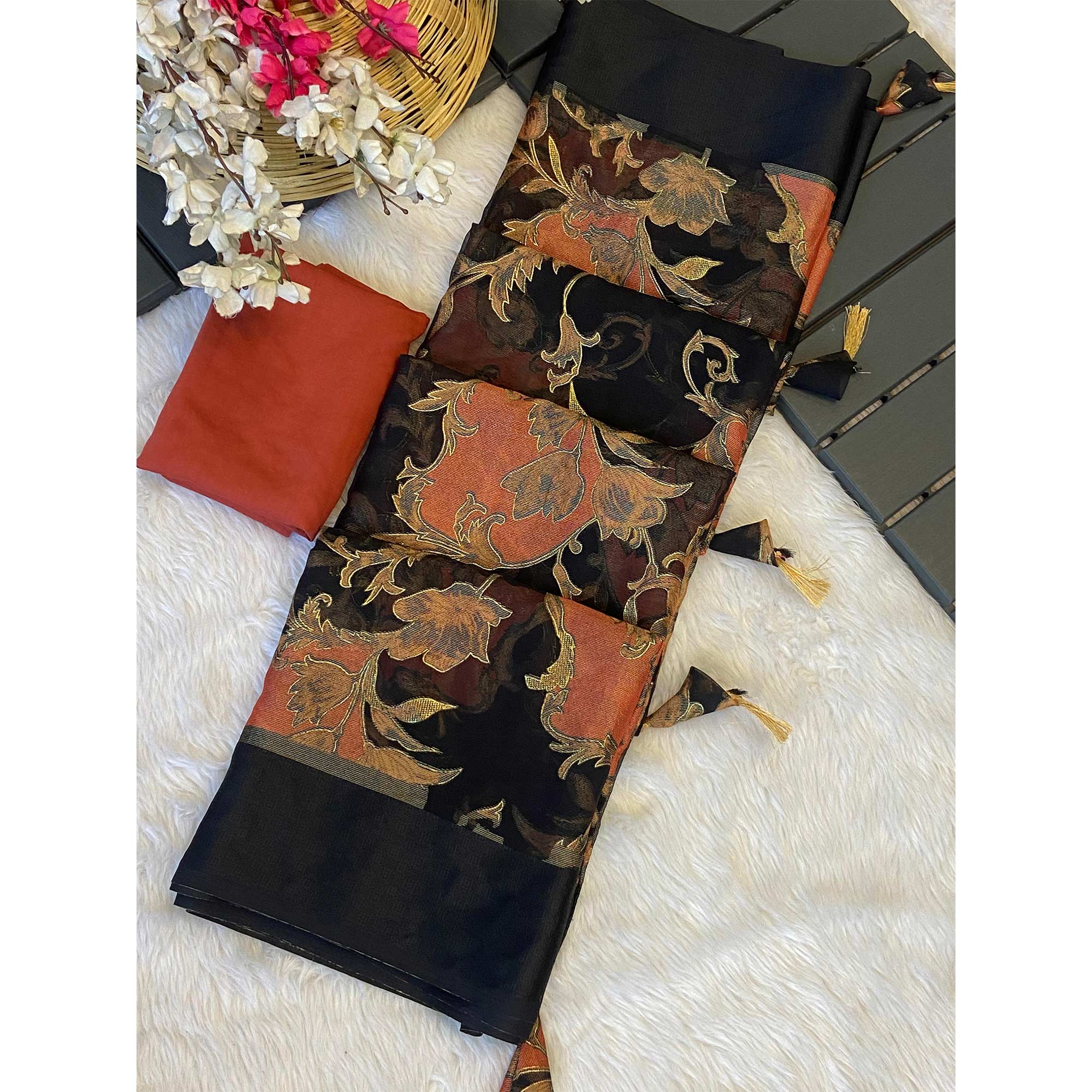 Black & Peach Foil Printed Brasso Saree for Party Wear