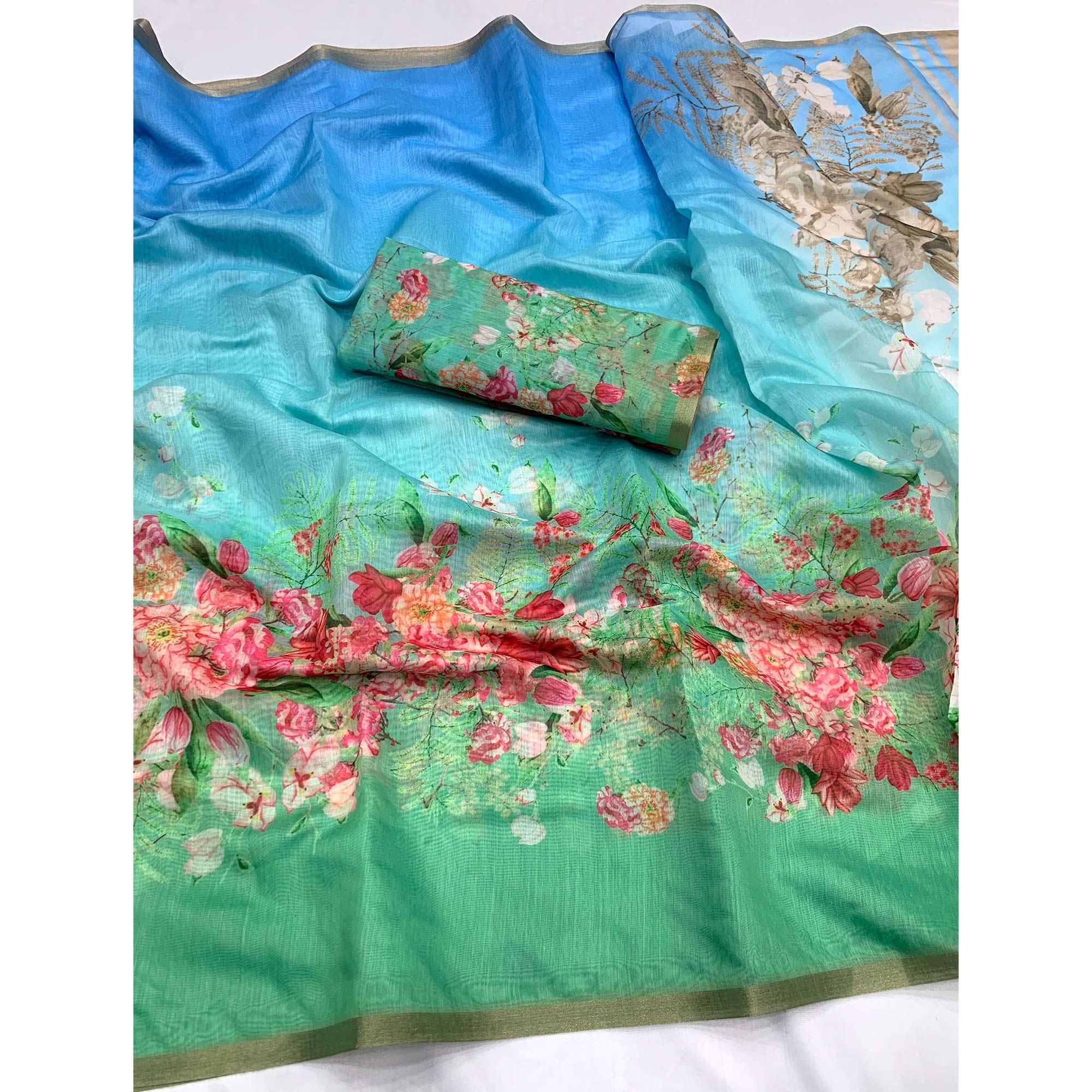 Blue & Turquoise Floral Printed Cotton Silk Saree