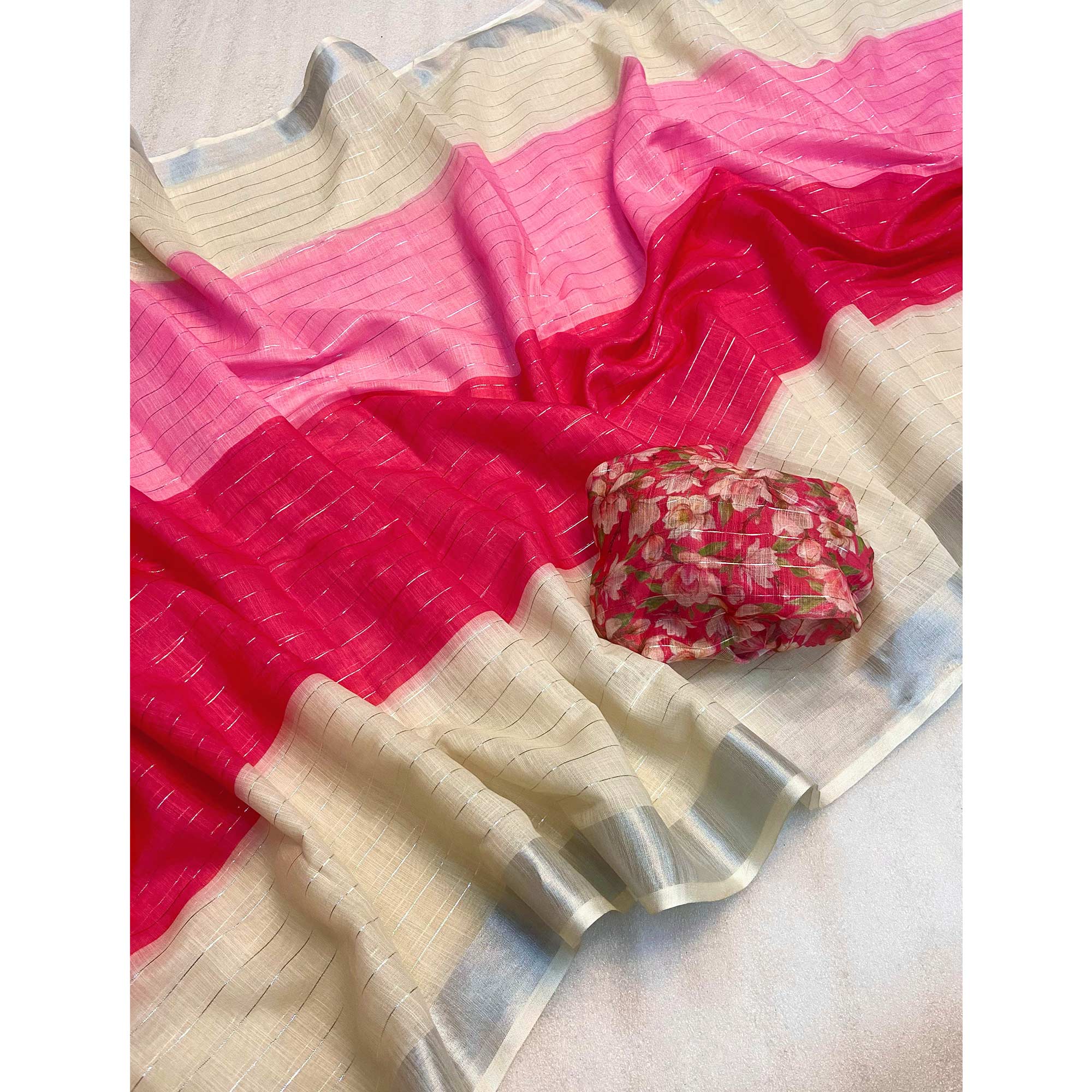 Pink Zari Weaving Linen Saree