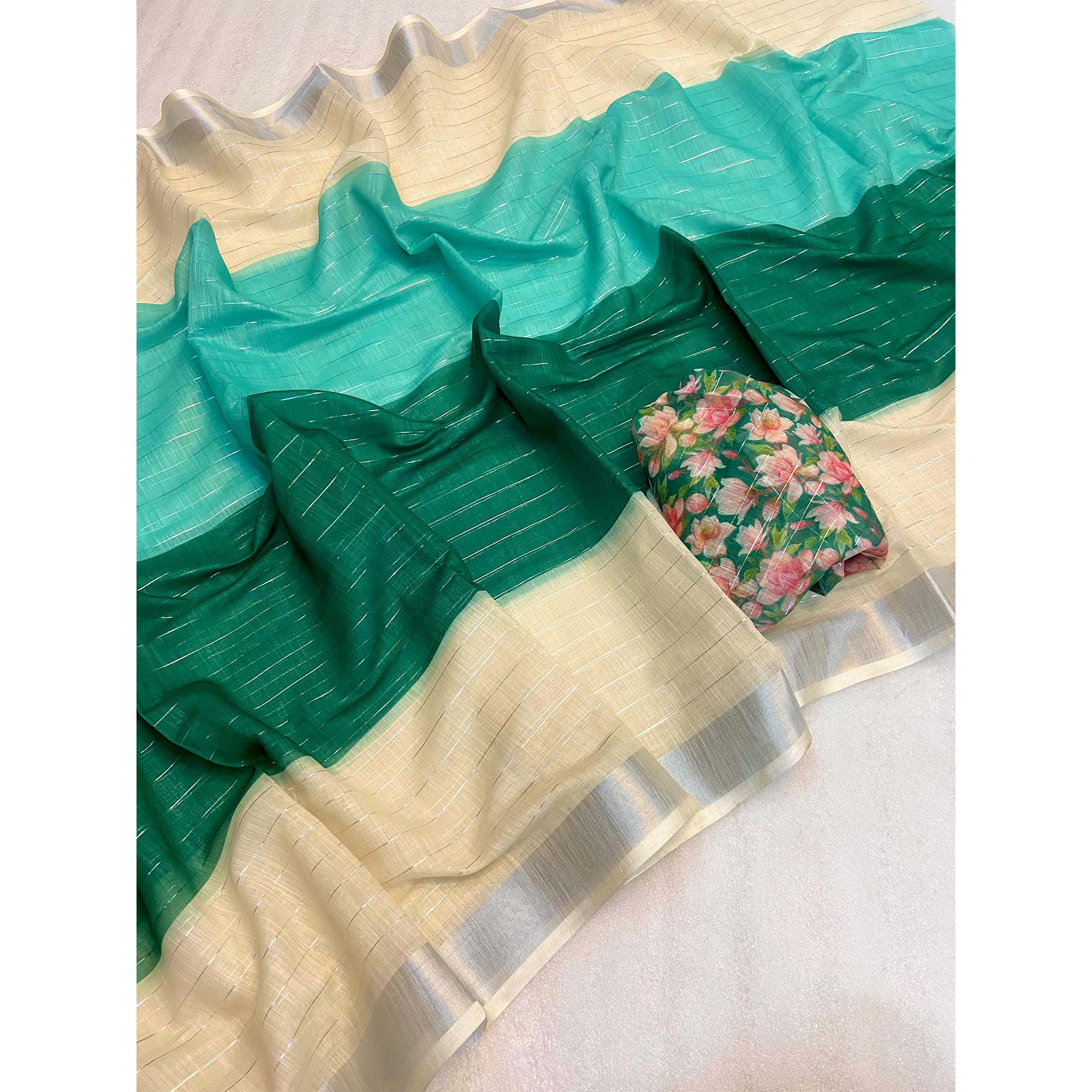 Turquoise Zari Weaving Linen Saree