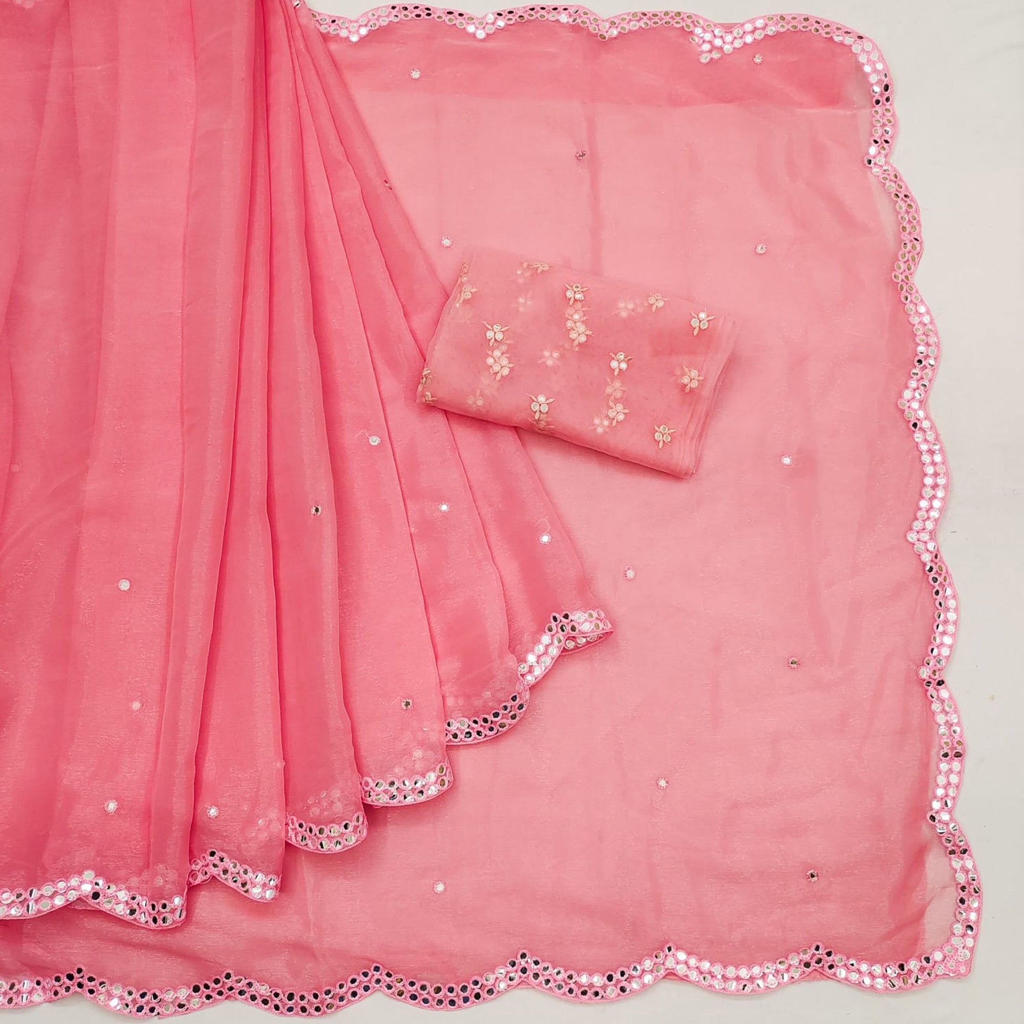 Peach Mirror Work Organza Saree