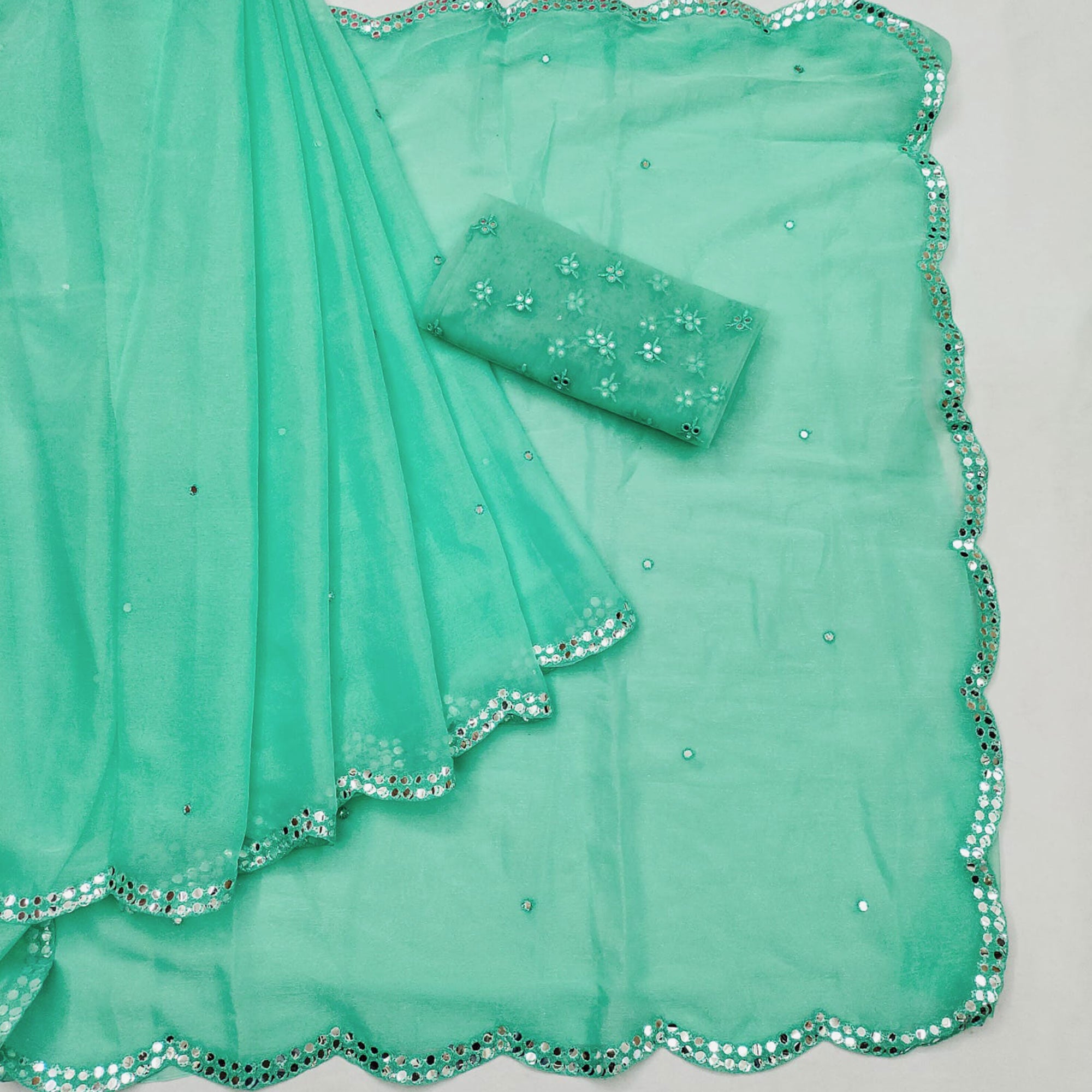 Sea Green Mirror Work Organza Saree