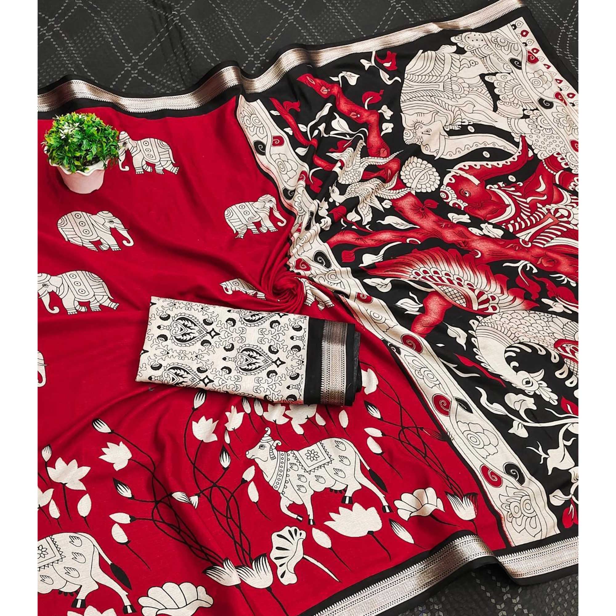 Red Pichwai-Inspired Kalamkari Print on Soft Pure Cotton Saree