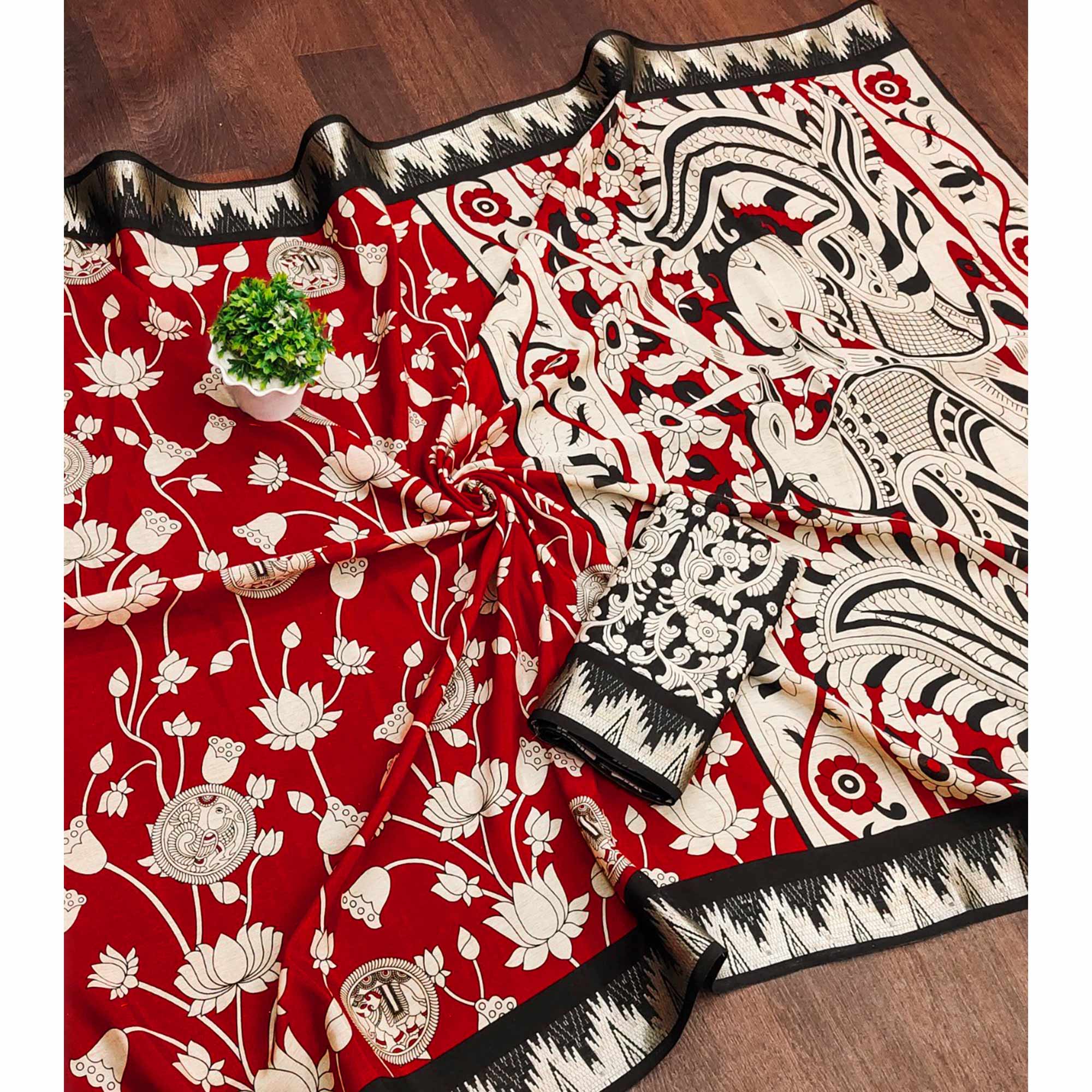 Red & Off White Pichwai-Inspired Kalamkari Print on Soft Pure Cotton Saree