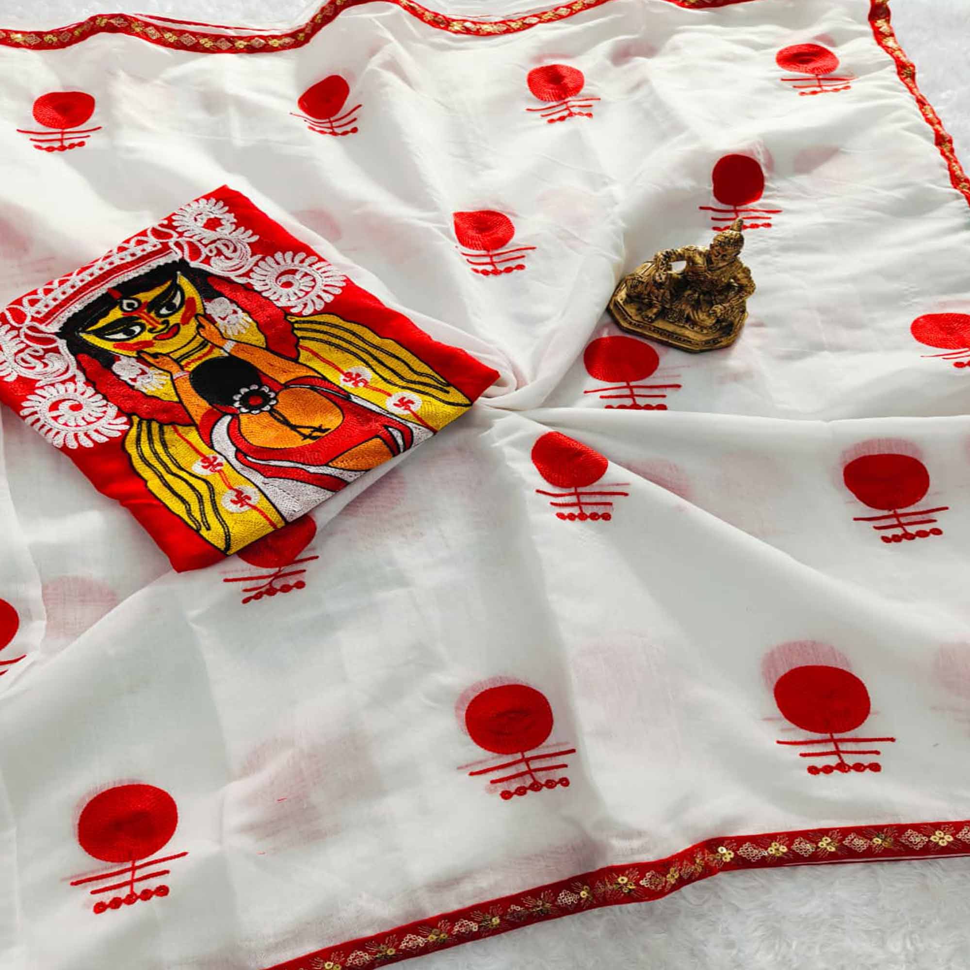 Elegant White Heavy Embroidered Linen Saree for Puja Celebrations