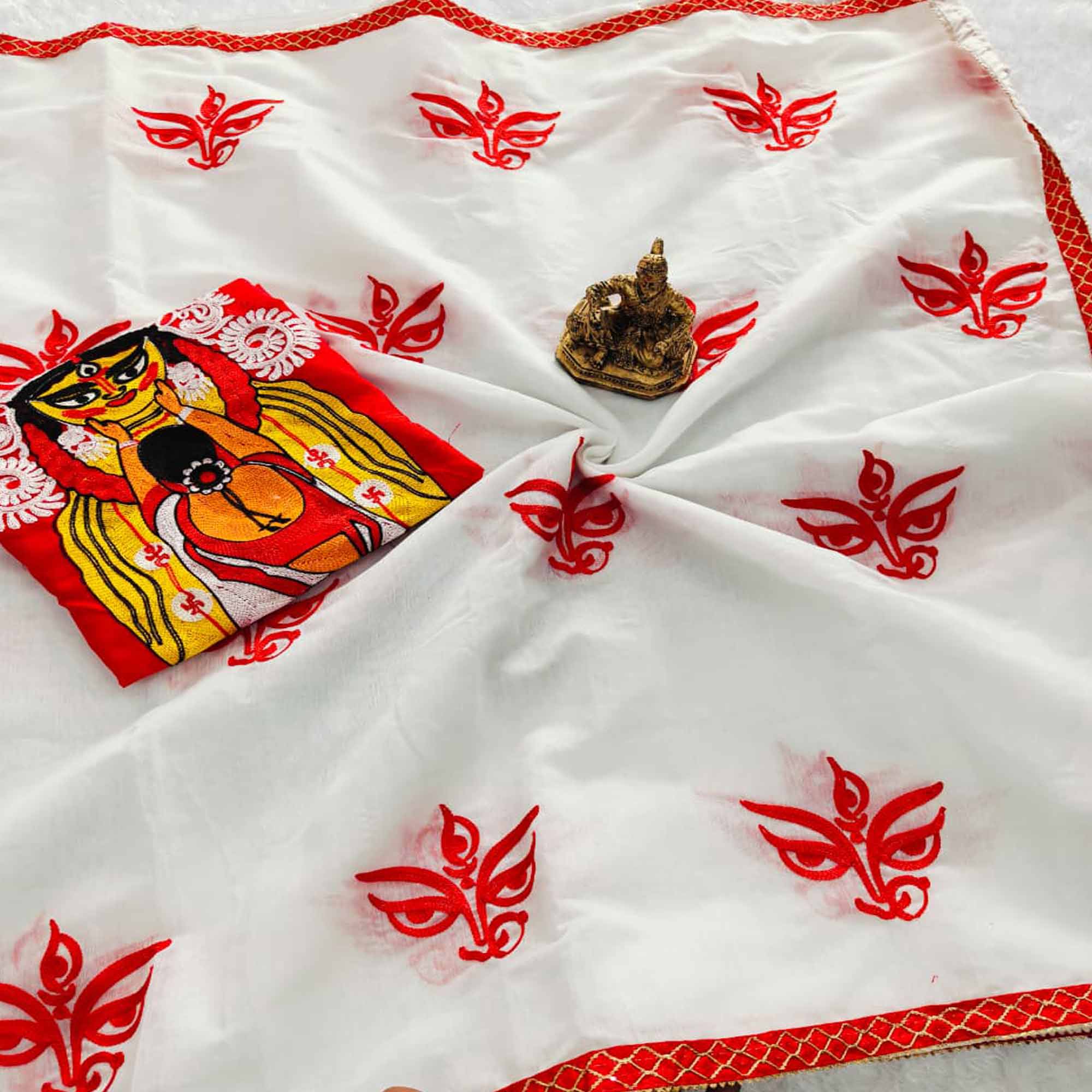 White Linen Saree with Exquisite Heavy Embroidery for Durga Puja Look