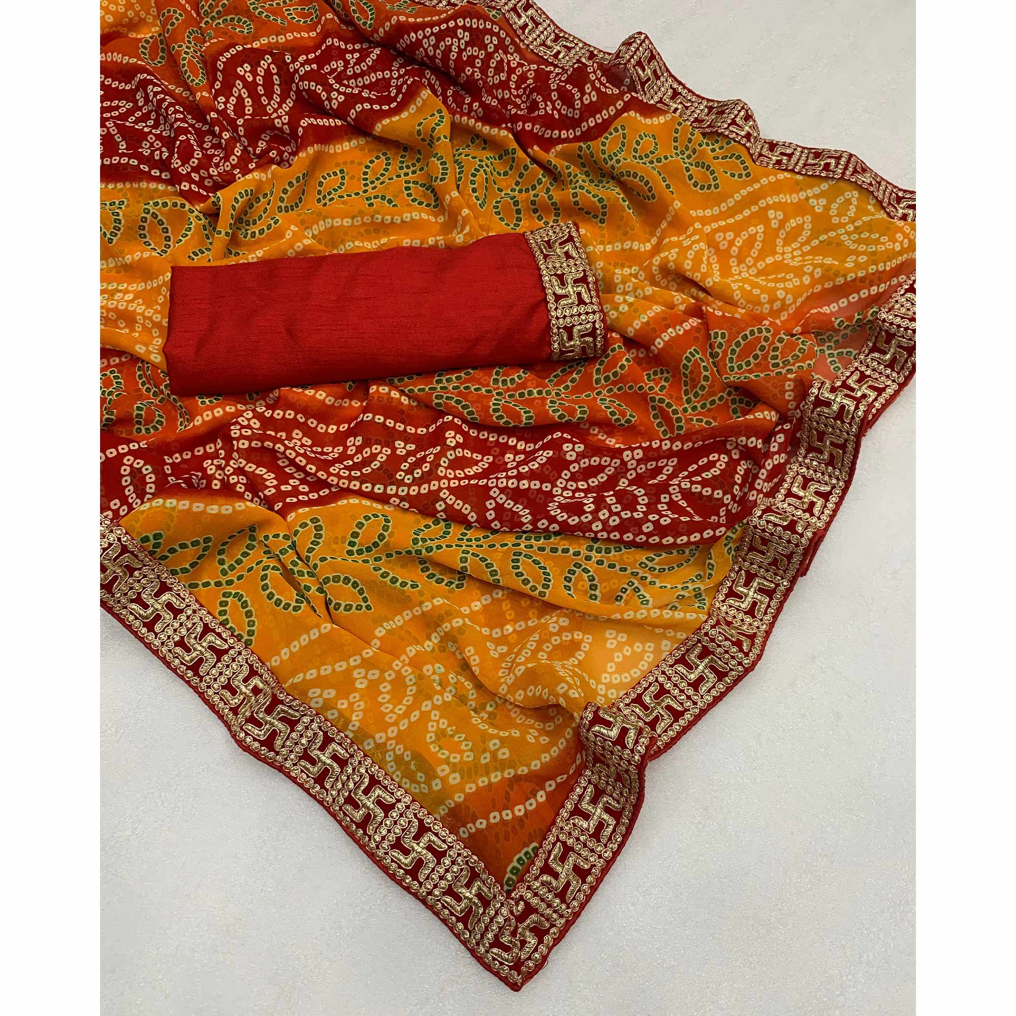 Red & Yellow Bandhani Printed With Embroidered Border Georgette Saree