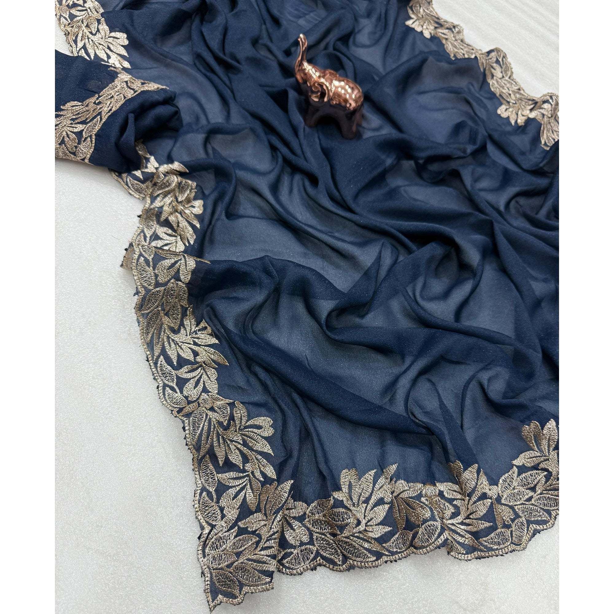 Stylish Blue Star Chiffon Saree with Traditional Zari Embellished Border