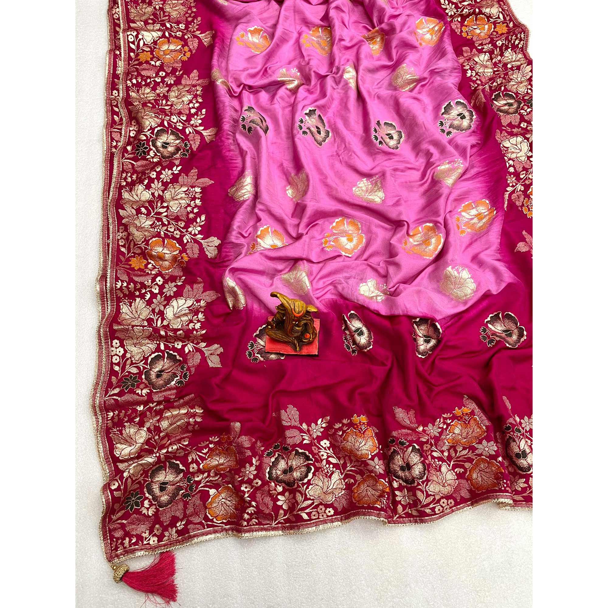 Pink Floral Woven Pure Silk Saree With Tassels