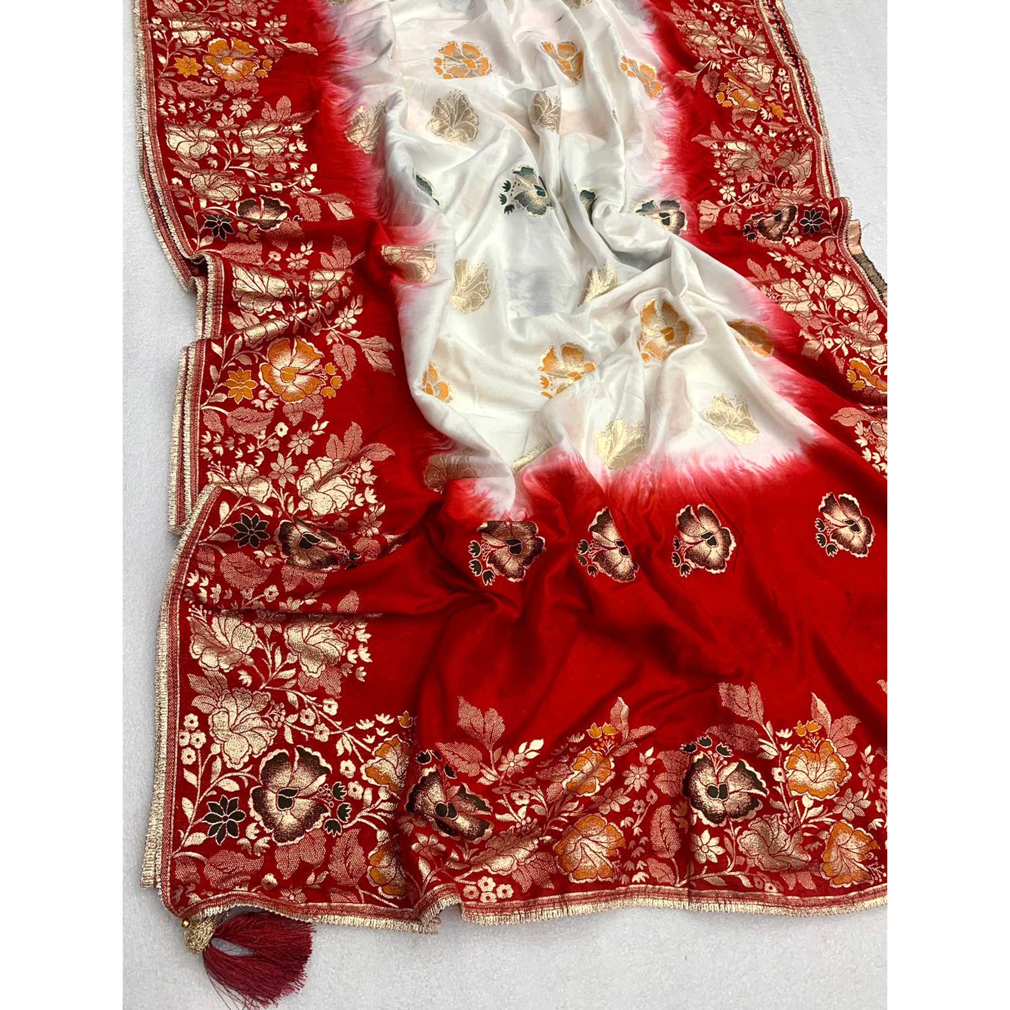 White Floral Woven Pure Silk Saree With Tassels