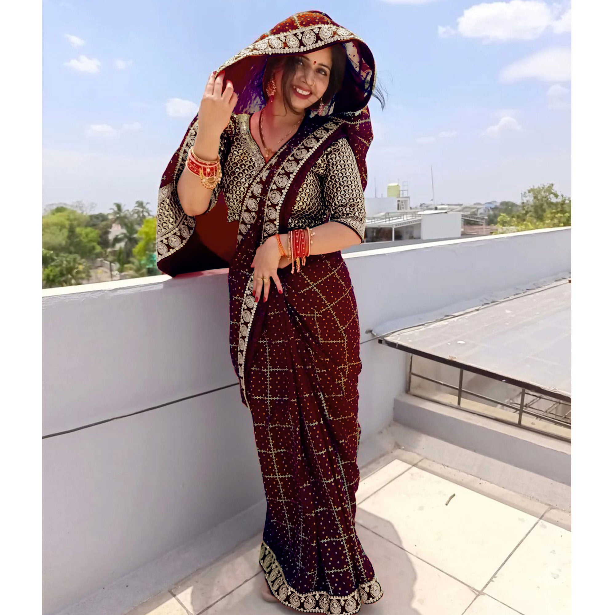 Maroon Printed With Embroidered Border Vichitra Silk Saree