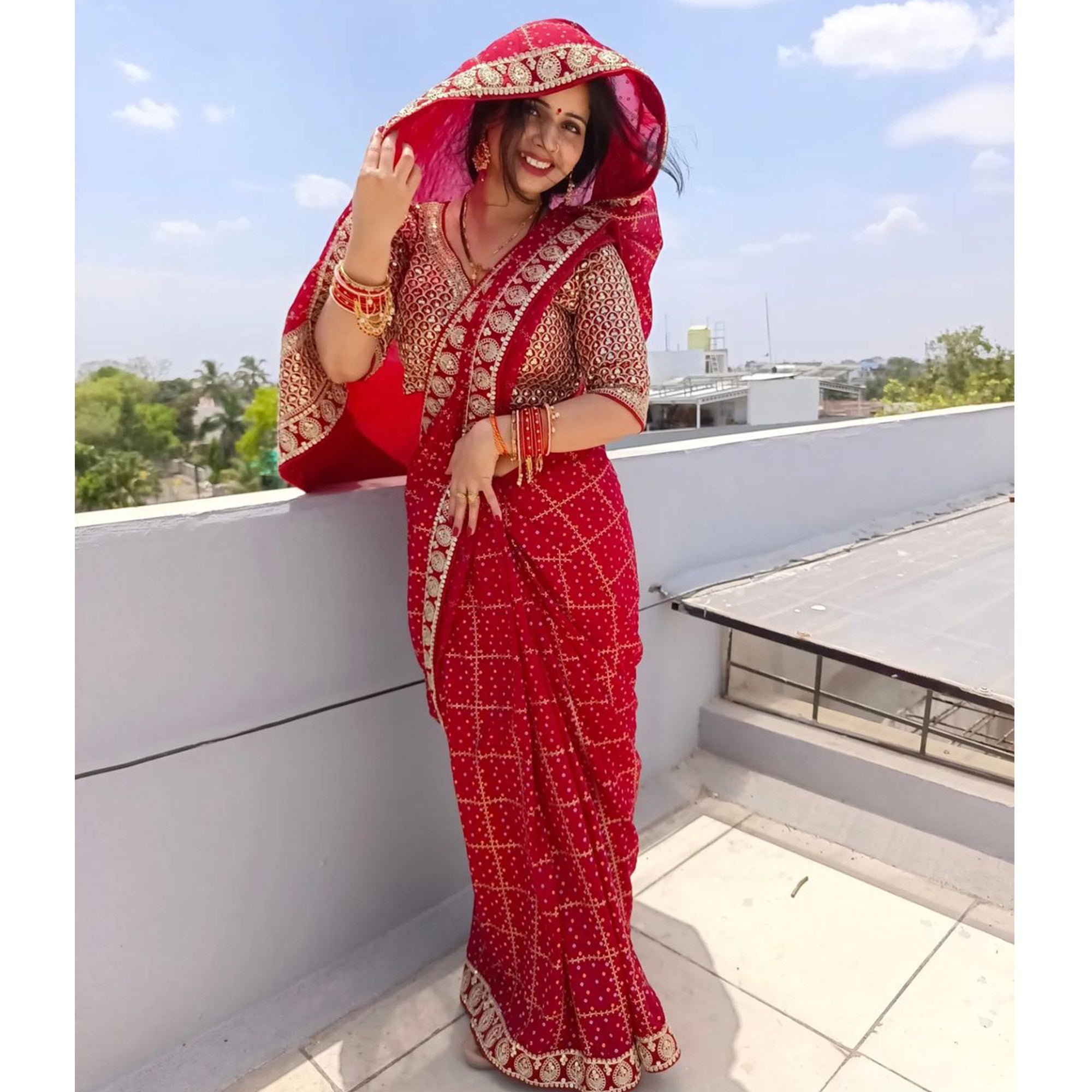 Red Printed With Embroidered Border Vichitra Silk Saree