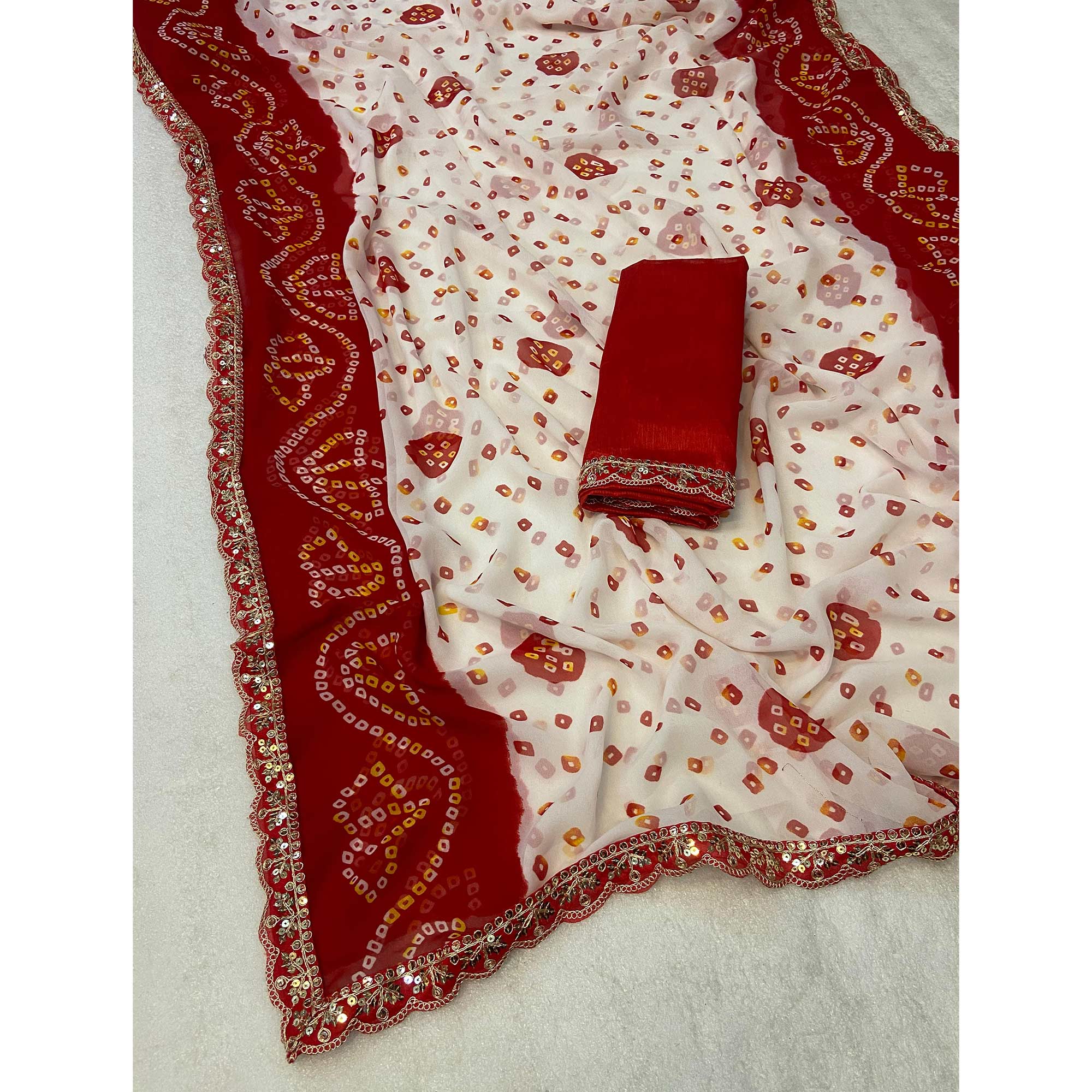 White & Red Bandhani Printed Georgette Saree