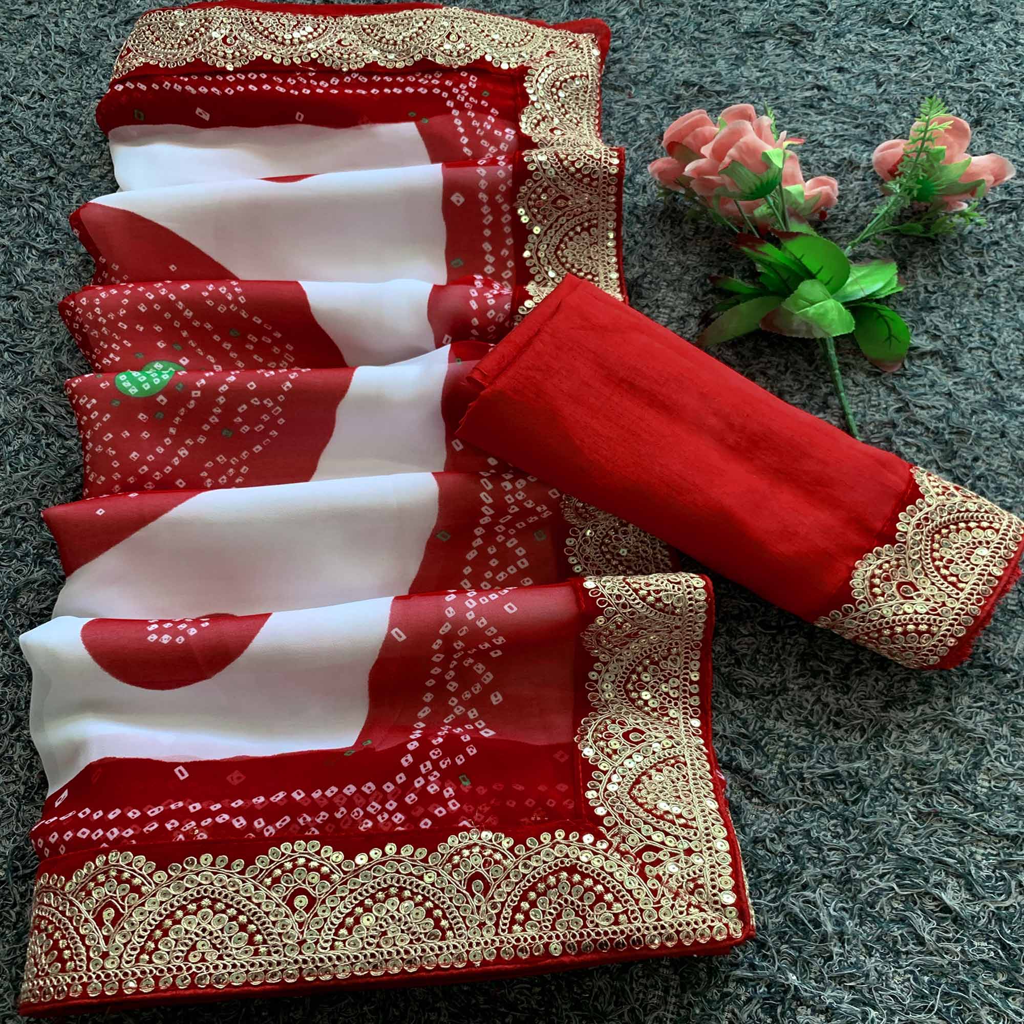 White & Red Bandhani Printed With Sequins Embroidered Georgette Saree