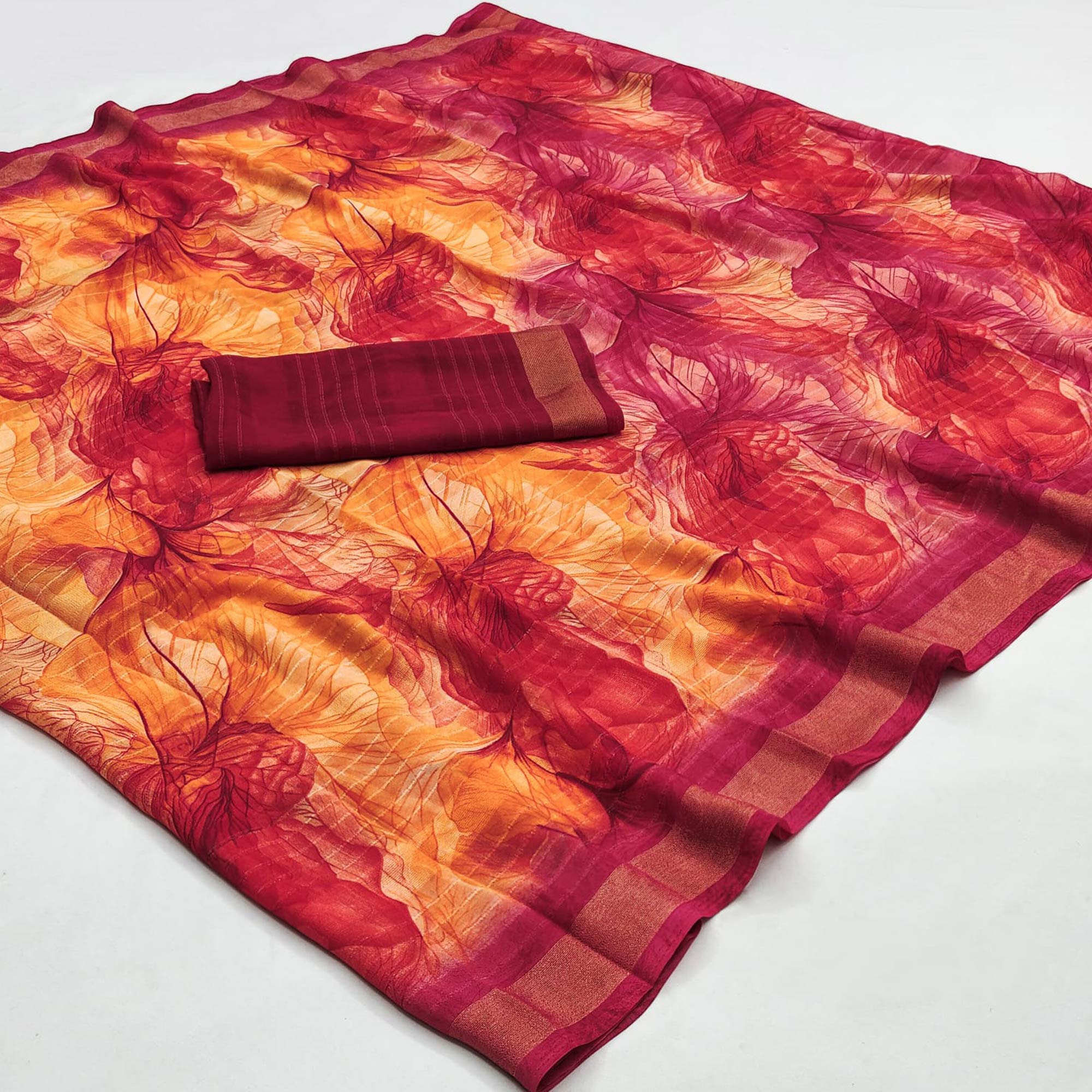 Orange & Pink Printed With Woven Chiffon Saree