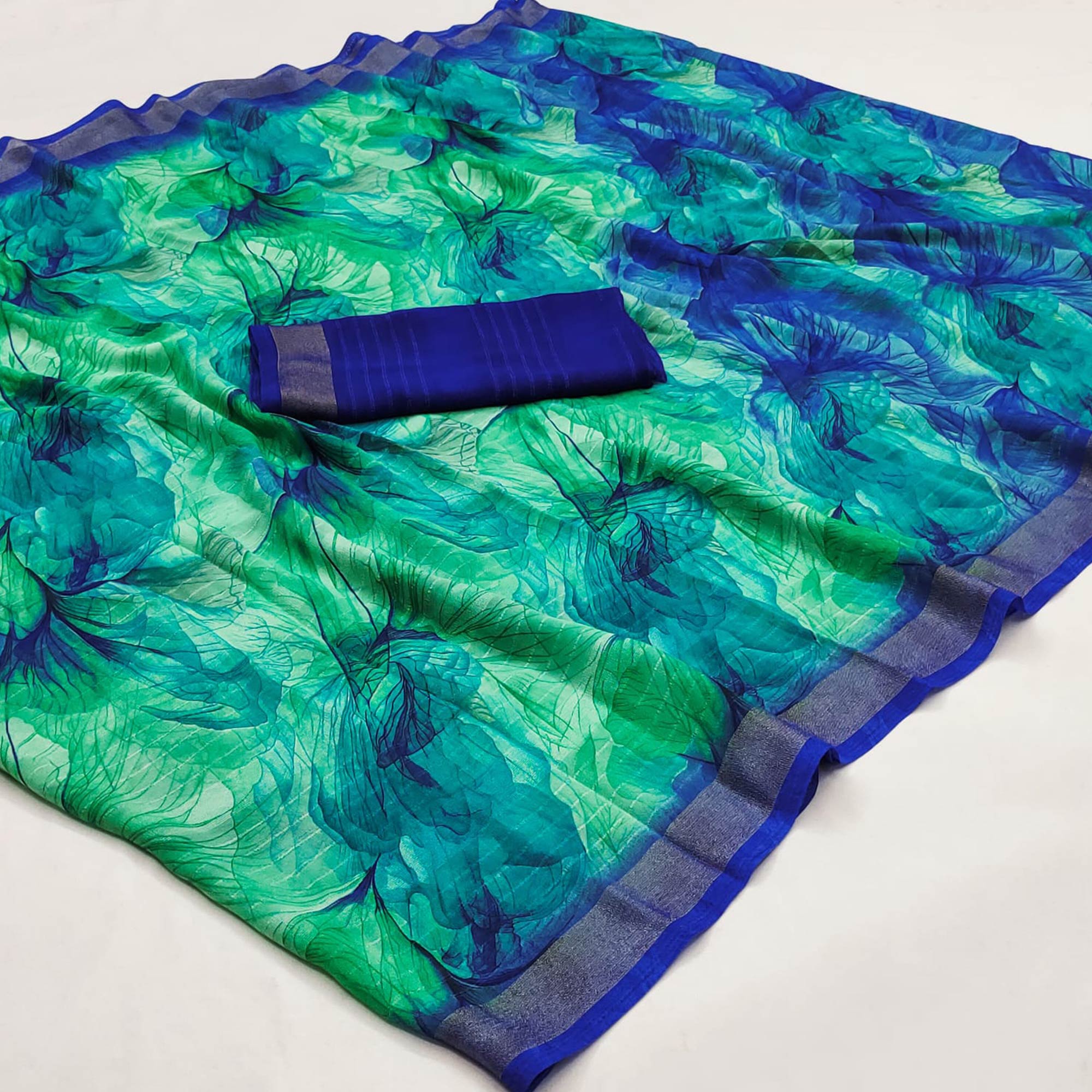 Turquoise & Blue Printed With Woven Chiffon Saree