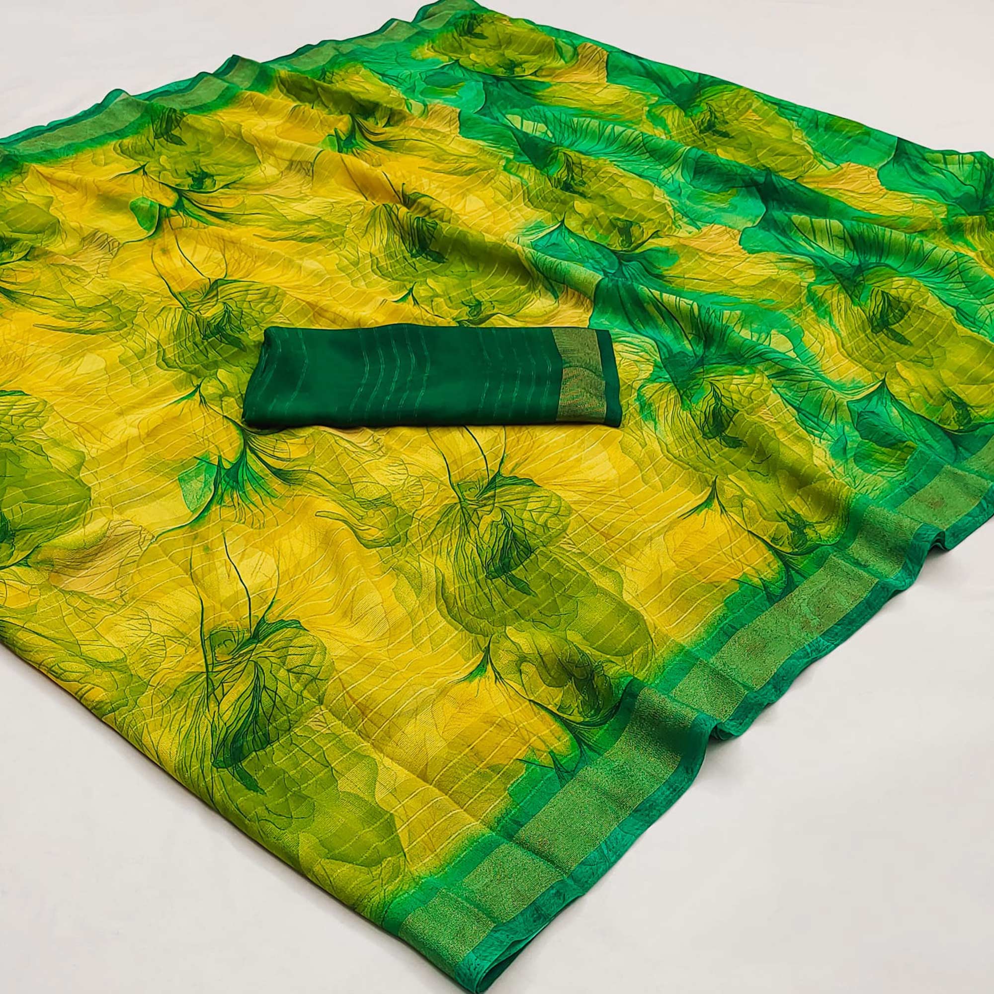 Yellow & Green Printed With Woven Chiffon Saree