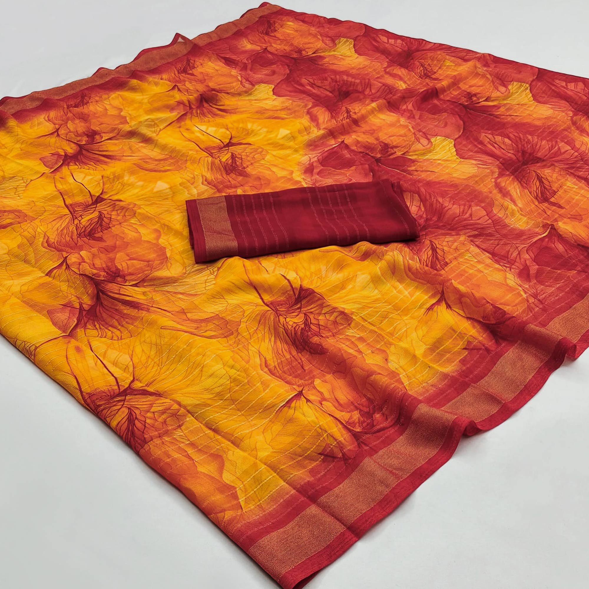 Yellow & Red Printed With Woven Chiffon Saree