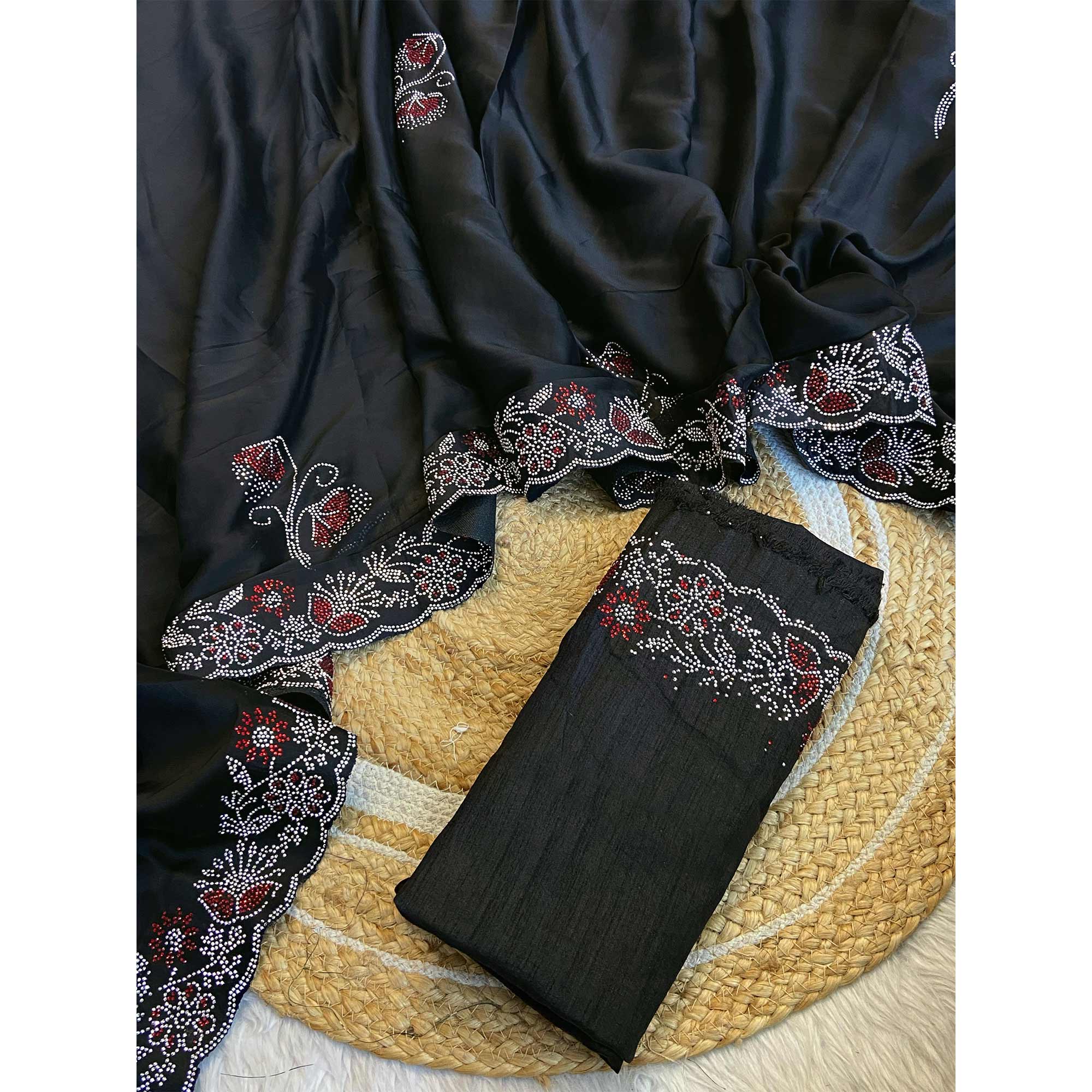 Black Floral Swarovski Work Rangoli Art Silk Saree