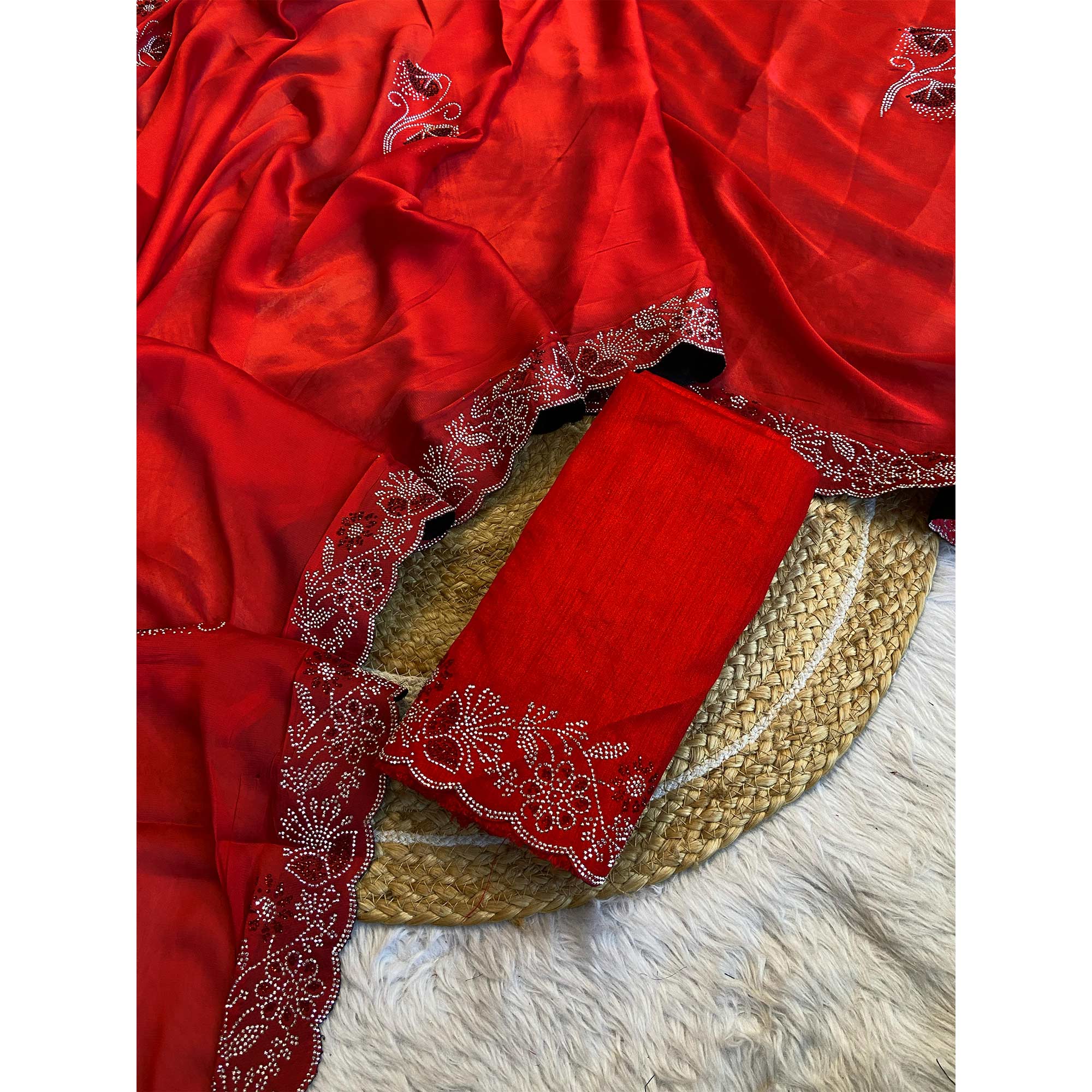 Red Floral Swarovski Work Rangoli Art Silk Saree