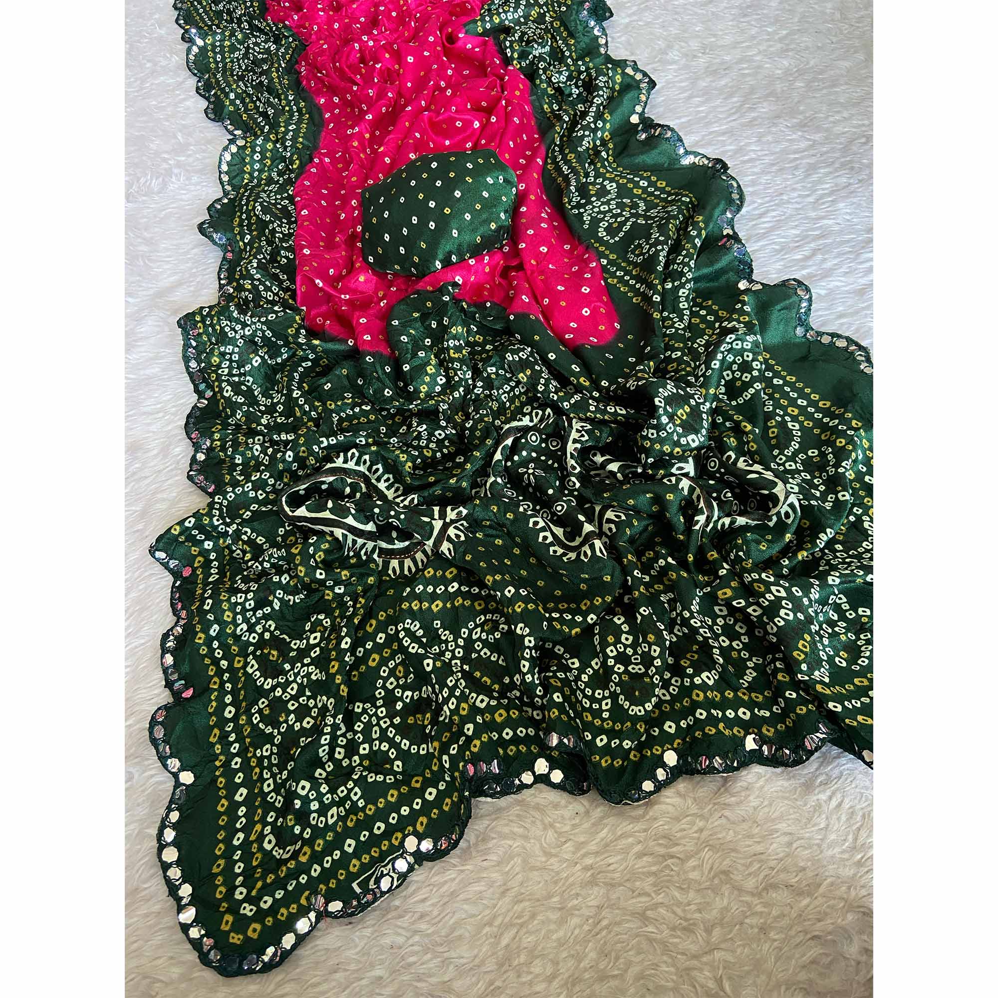 Pink Moss Chiffon Saree Featuring Classic Bandhani Print for a Timeless Look