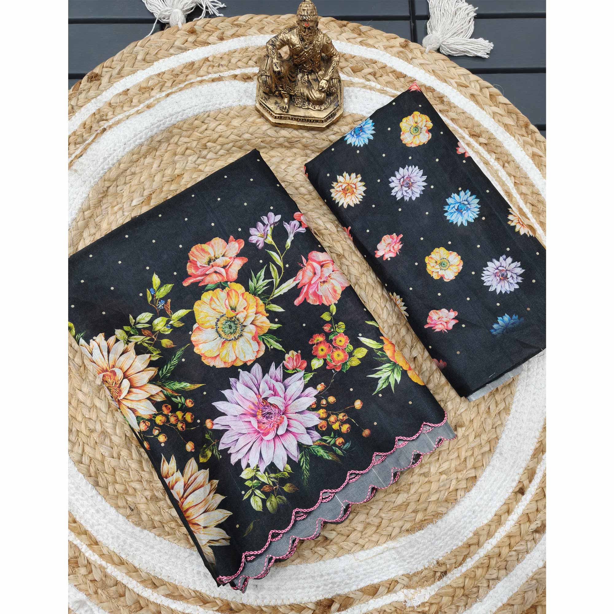 Black Silk Blend Saree with Contemporary Floral Digital Print