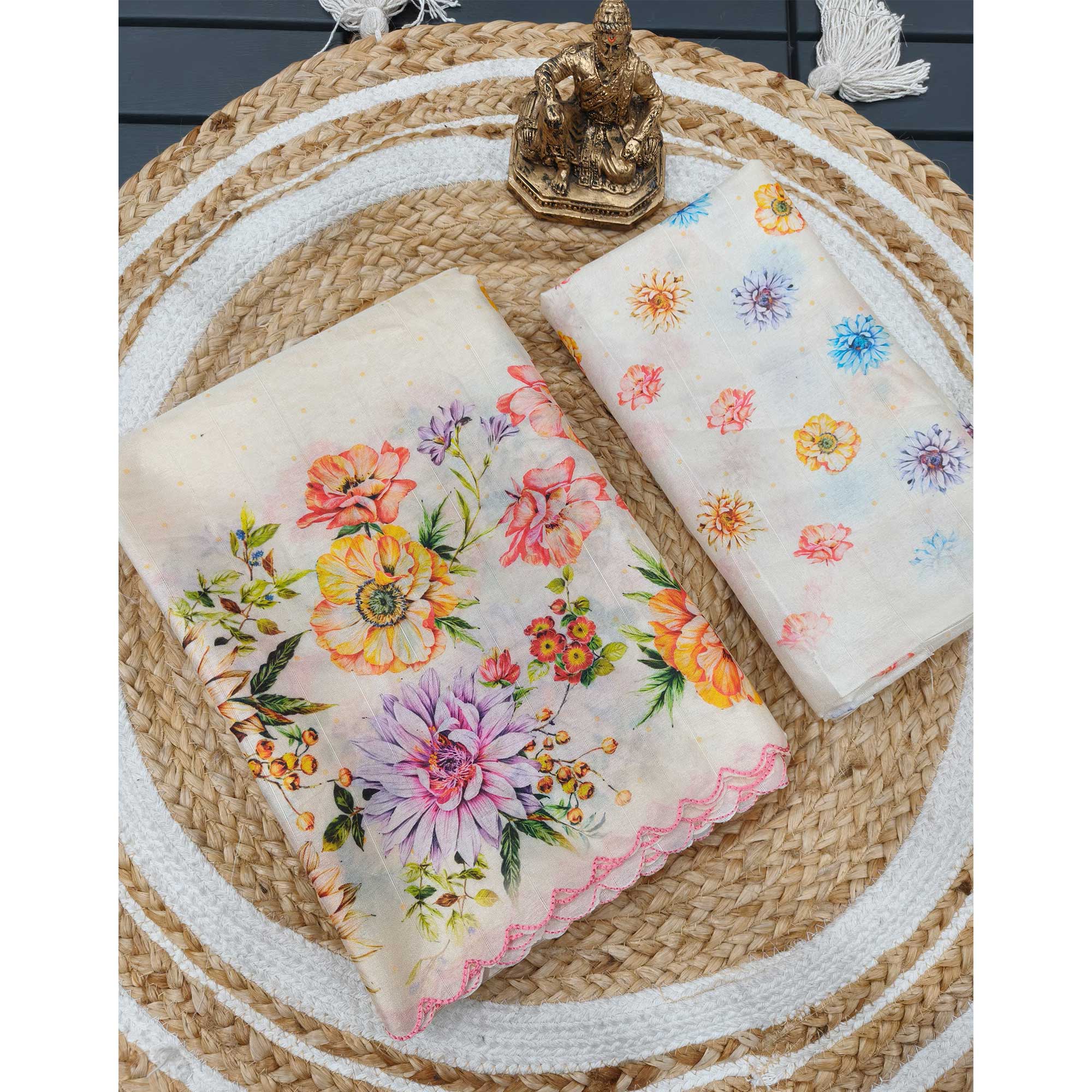 Off White Silk Blend Saree with Contemporary Floral Digital Print