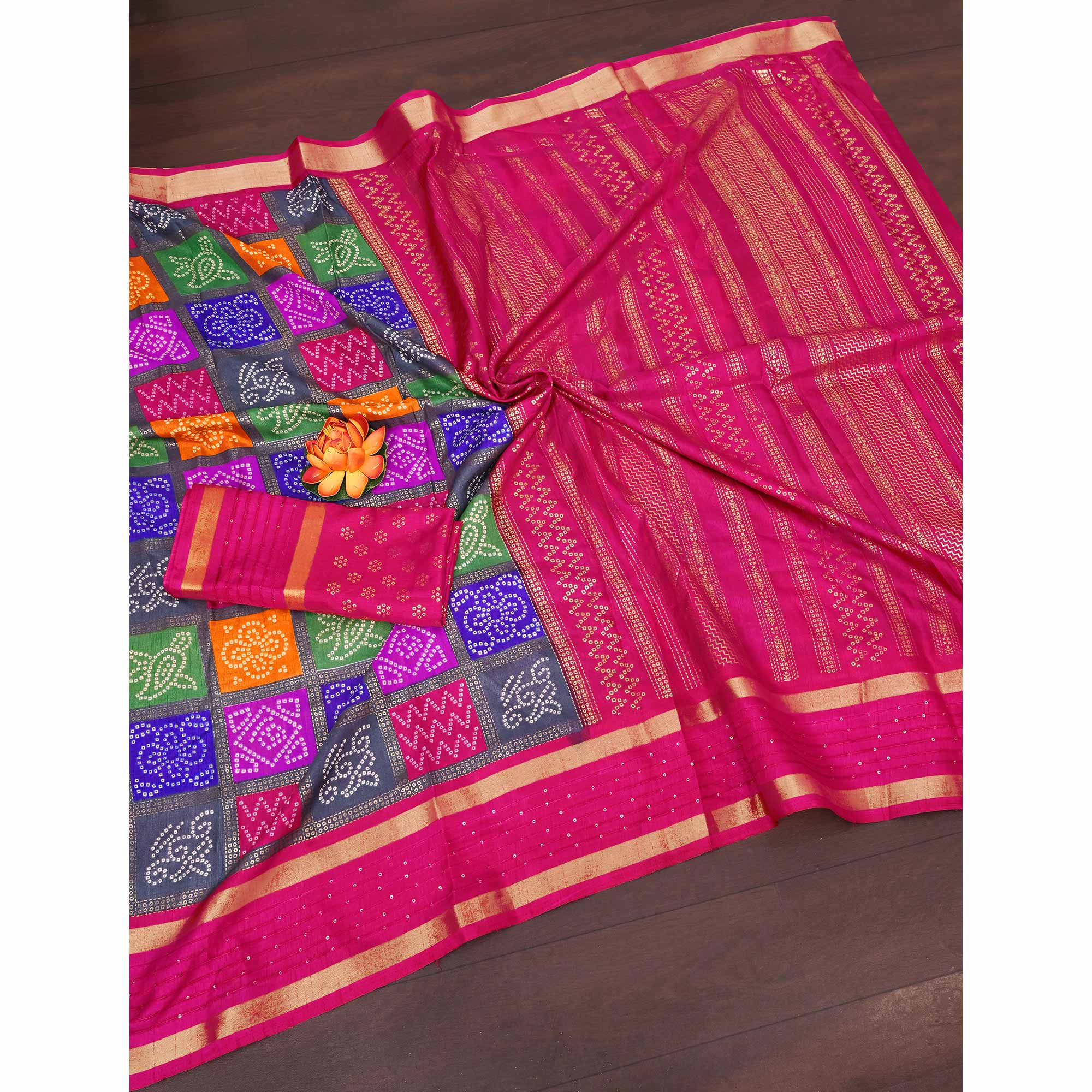 Vibrant Multicolor Dola Silk Saree Highlighted with Foil Bandhani and Woven Borders