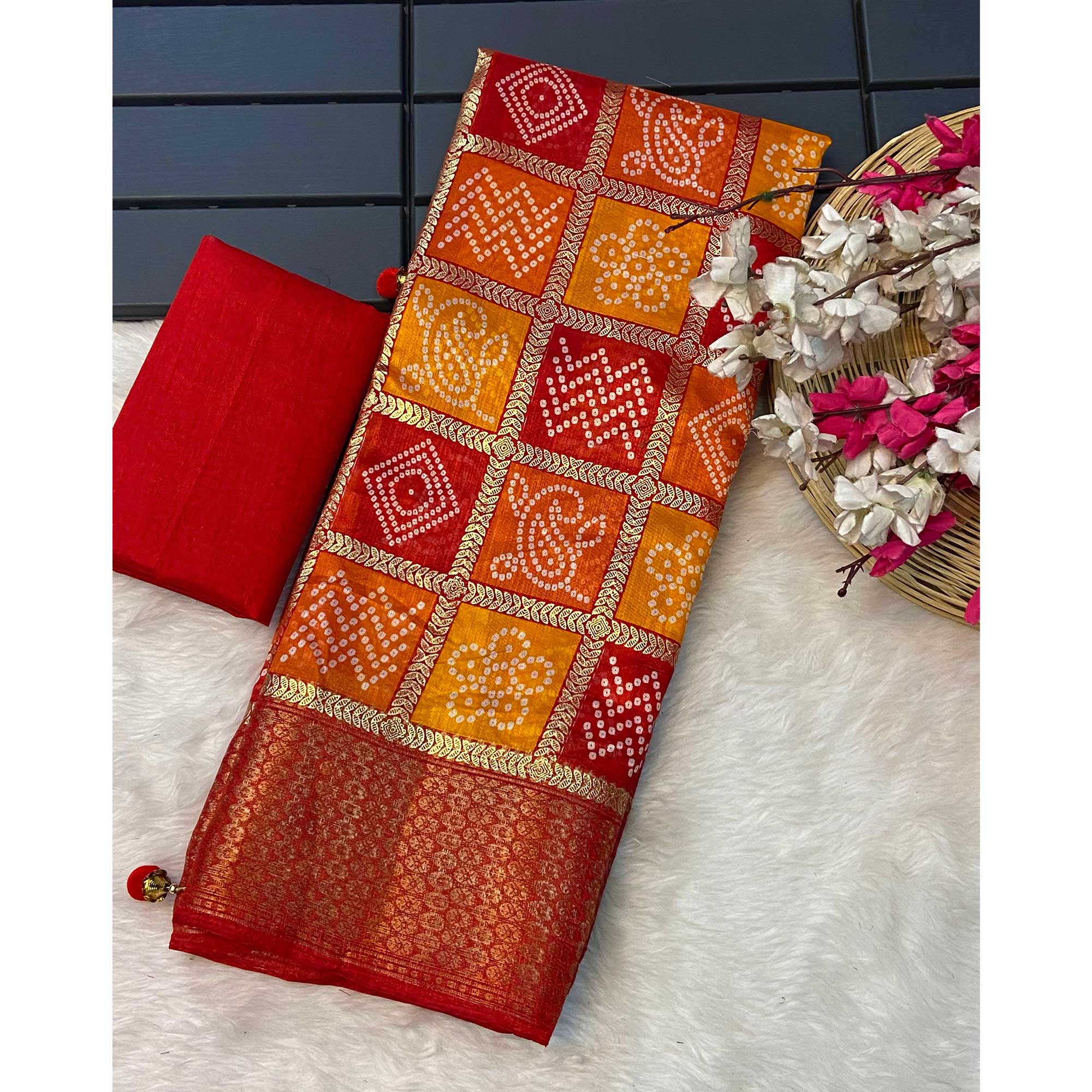 Red & Orange Bandhani Foil Printed Dola Silk Saree With Woven Border