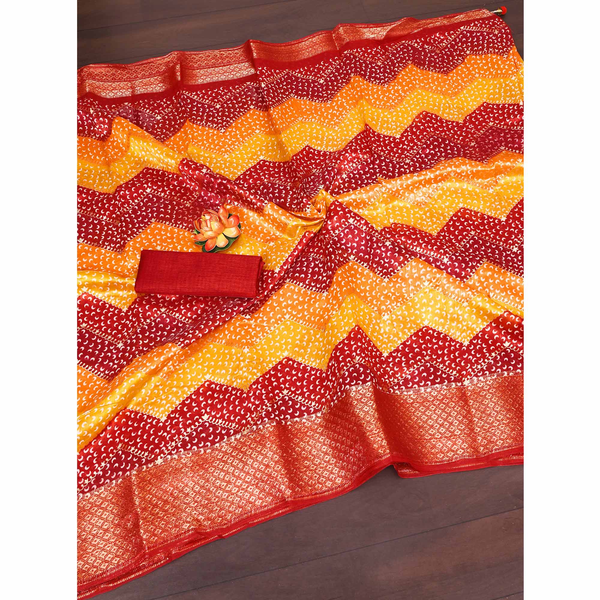 Vibrant Red & Yellow Dola Silk Saree Highlighted with Foil Bandhani and Woven Borders