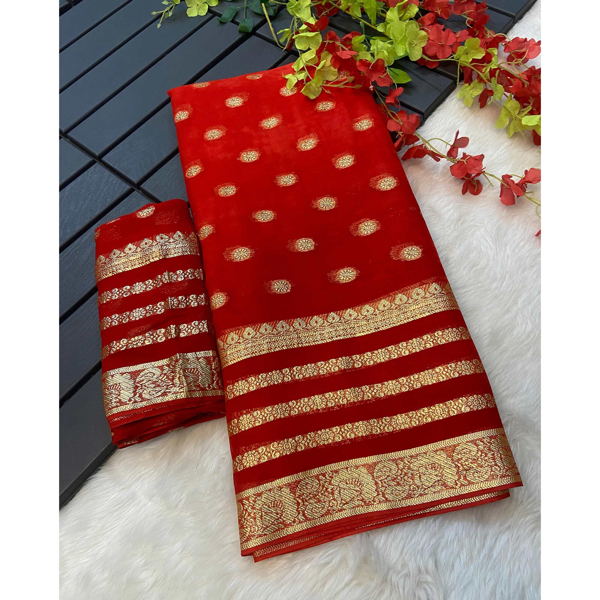Red Zari Weaving Georgette Saree