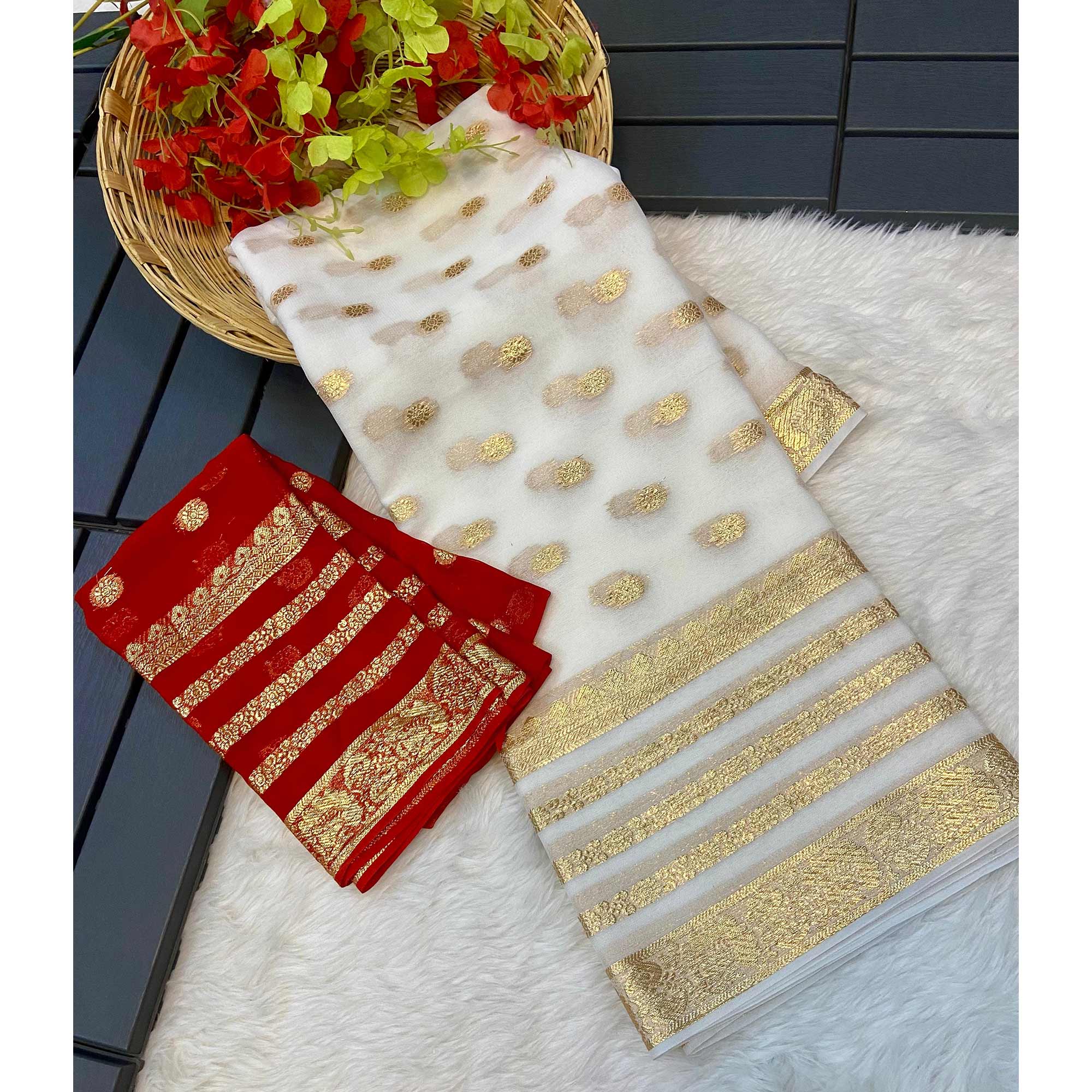 White Zari Weaving Georgette Saree