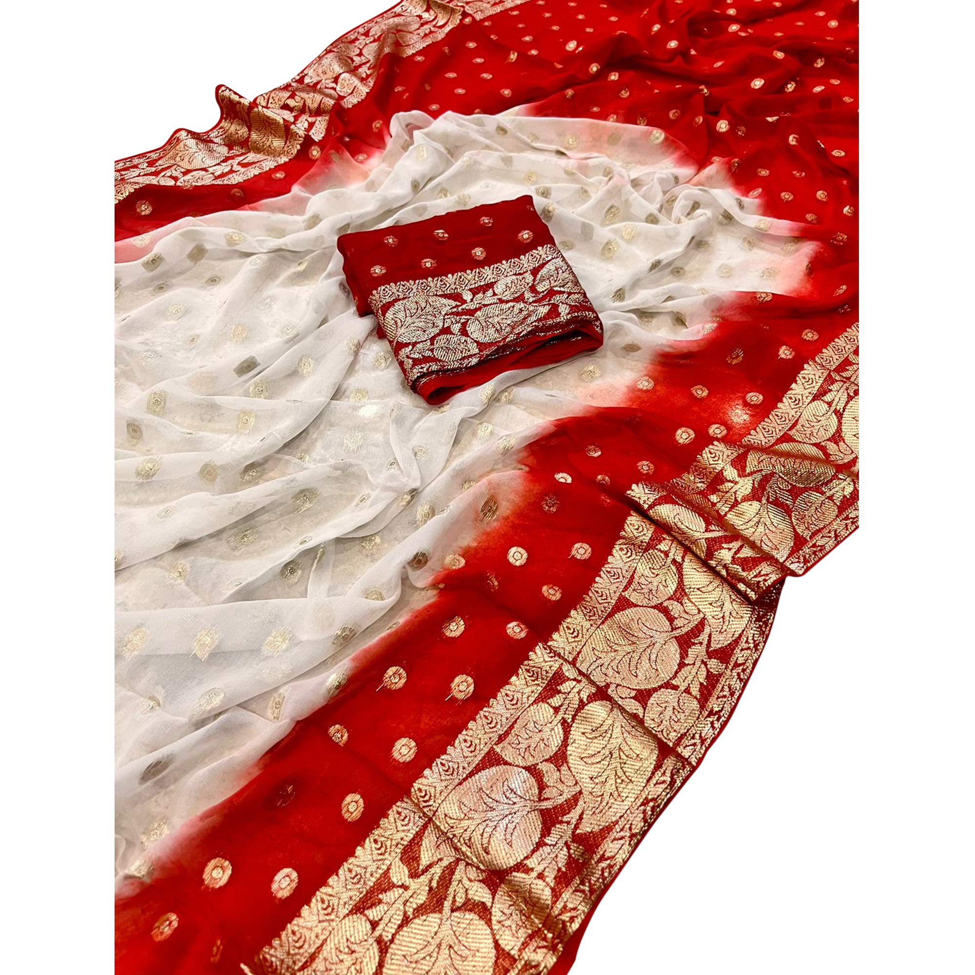 White & Red Zari Woven Viscose Saree