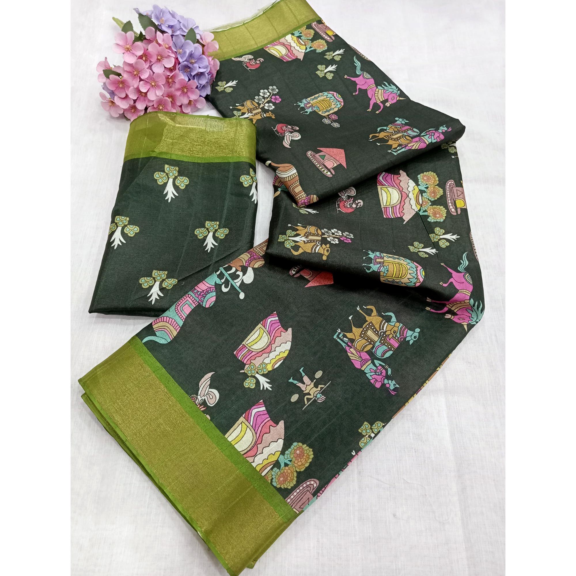 Green Digital Printed Dola Silk Saree