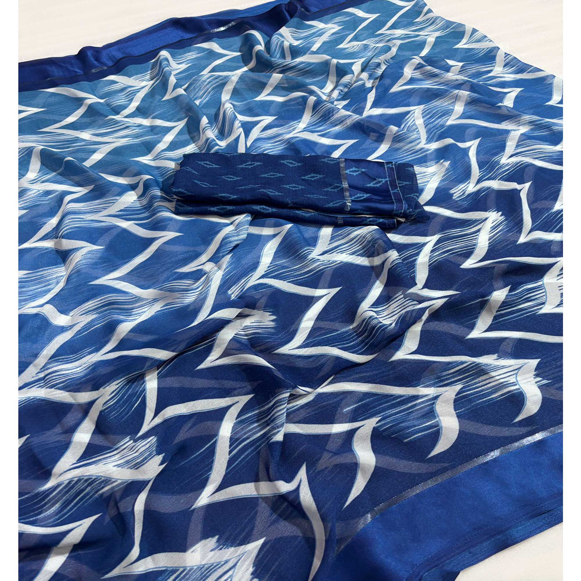 Blue Shibori Printed Chiffon Saree