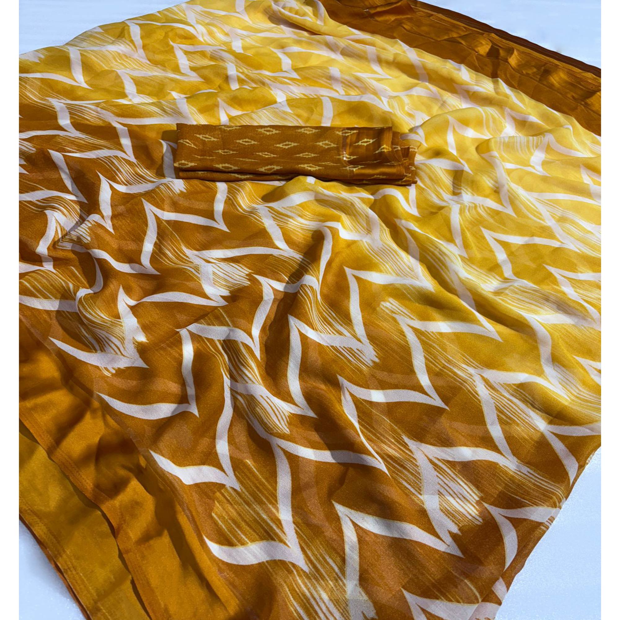 Mustard Shibori Printed Chiffon Saree