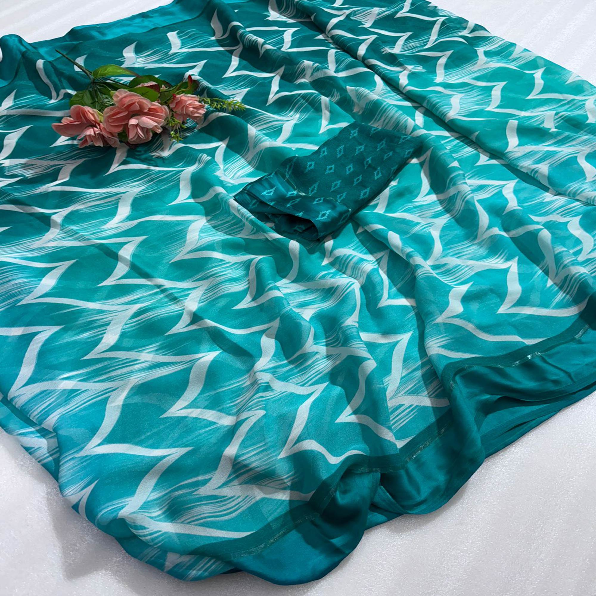 Teal Shibori Printed Chiffon Saree