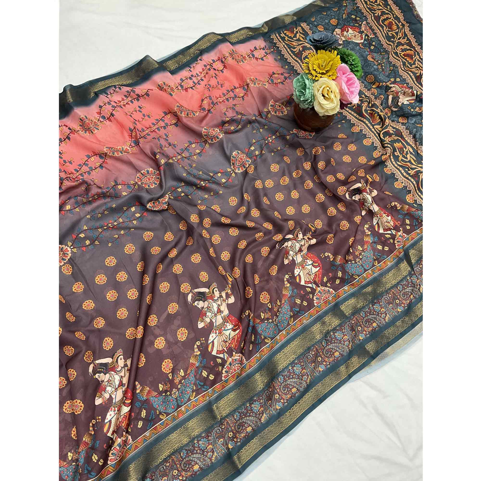 Dark Brown Floral Moss Georgette Saree with Elegant Drape & Soft Texture