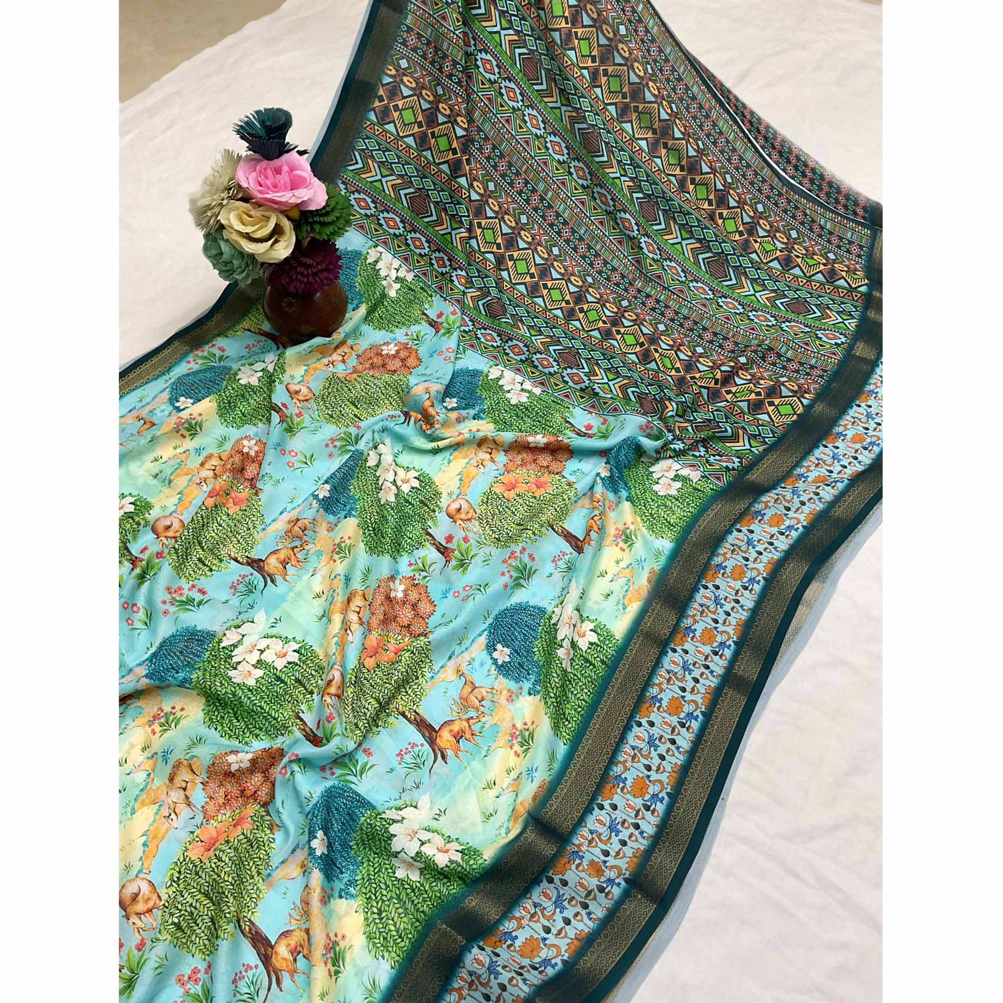 Sky Blue Floral Moss Georgette Saree with Elegant Drape & Soft Texture