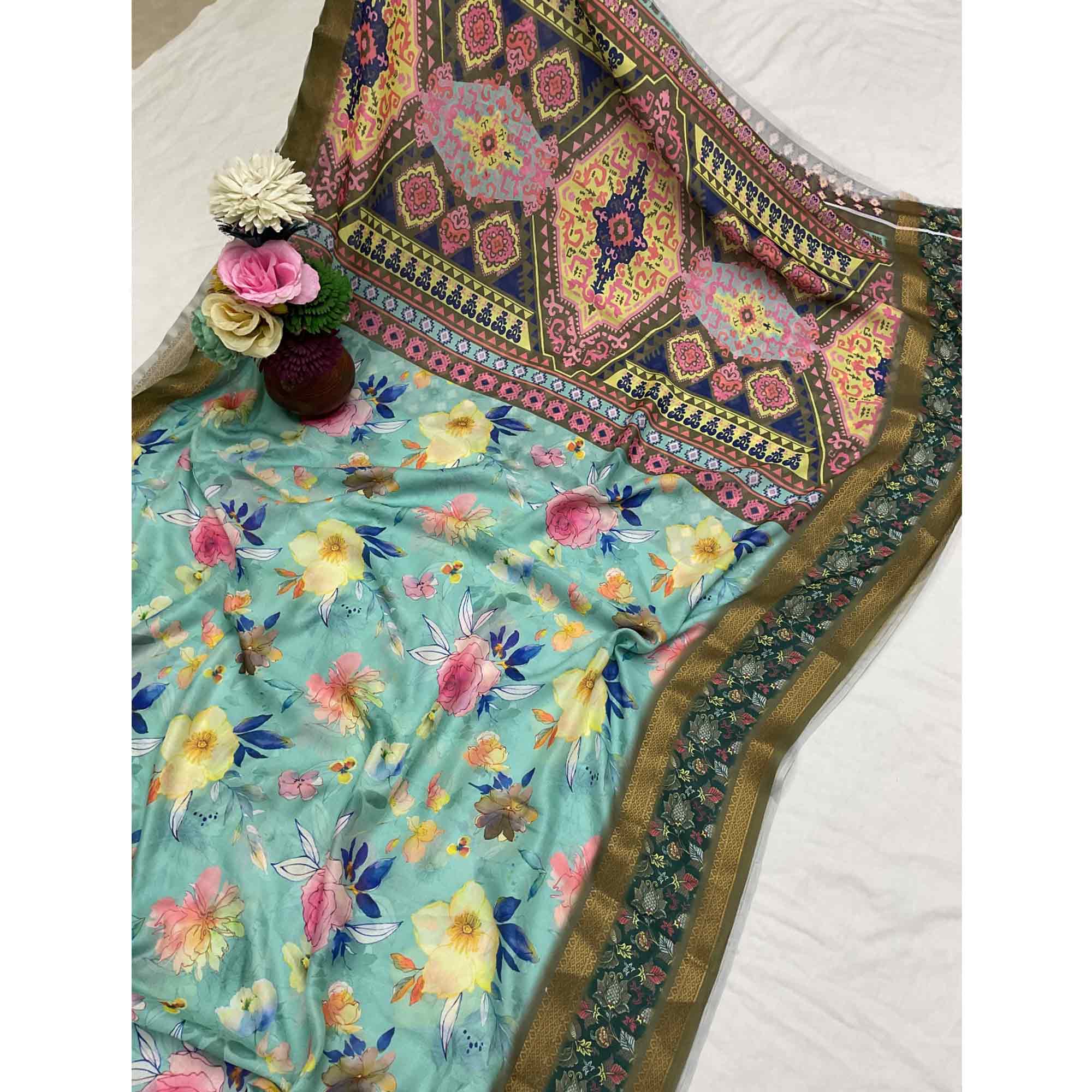 Turquoise Floral Moss Georgette Saree with Elegant Drape & Soft Texture